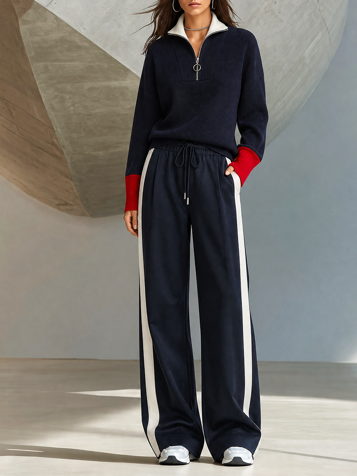 Navy Blue-Red Colorblock Lape Half-Zip Knit Sweater Side-Stripe Wide-leg Pants Set