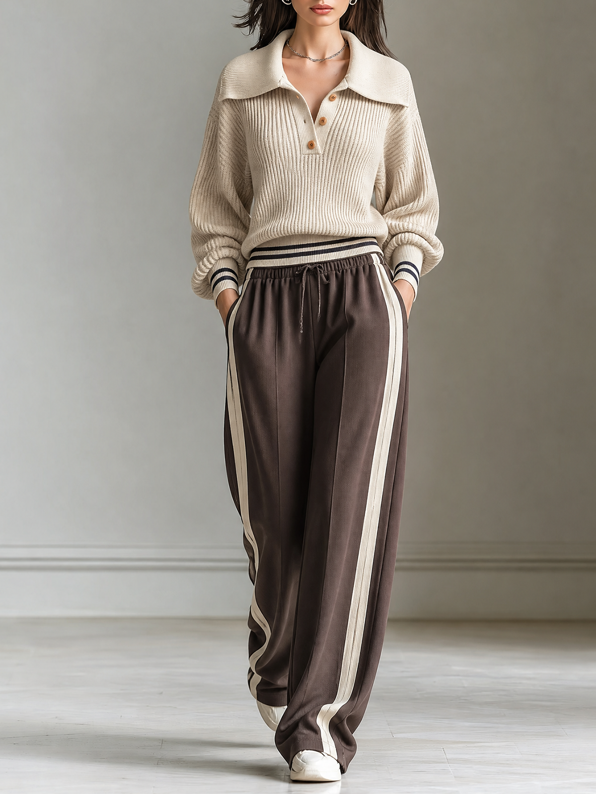 Oatmeal Lape Half Button Contrast Stripes Knit Sweater Brown Side-Stripe Wide-leg Pants Set