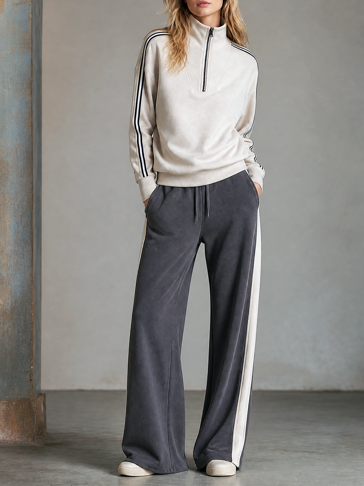 Off White Stand Half-Zip Contrast Stripes Sweatshirt Side-Stripe Wide-leg Pants Set