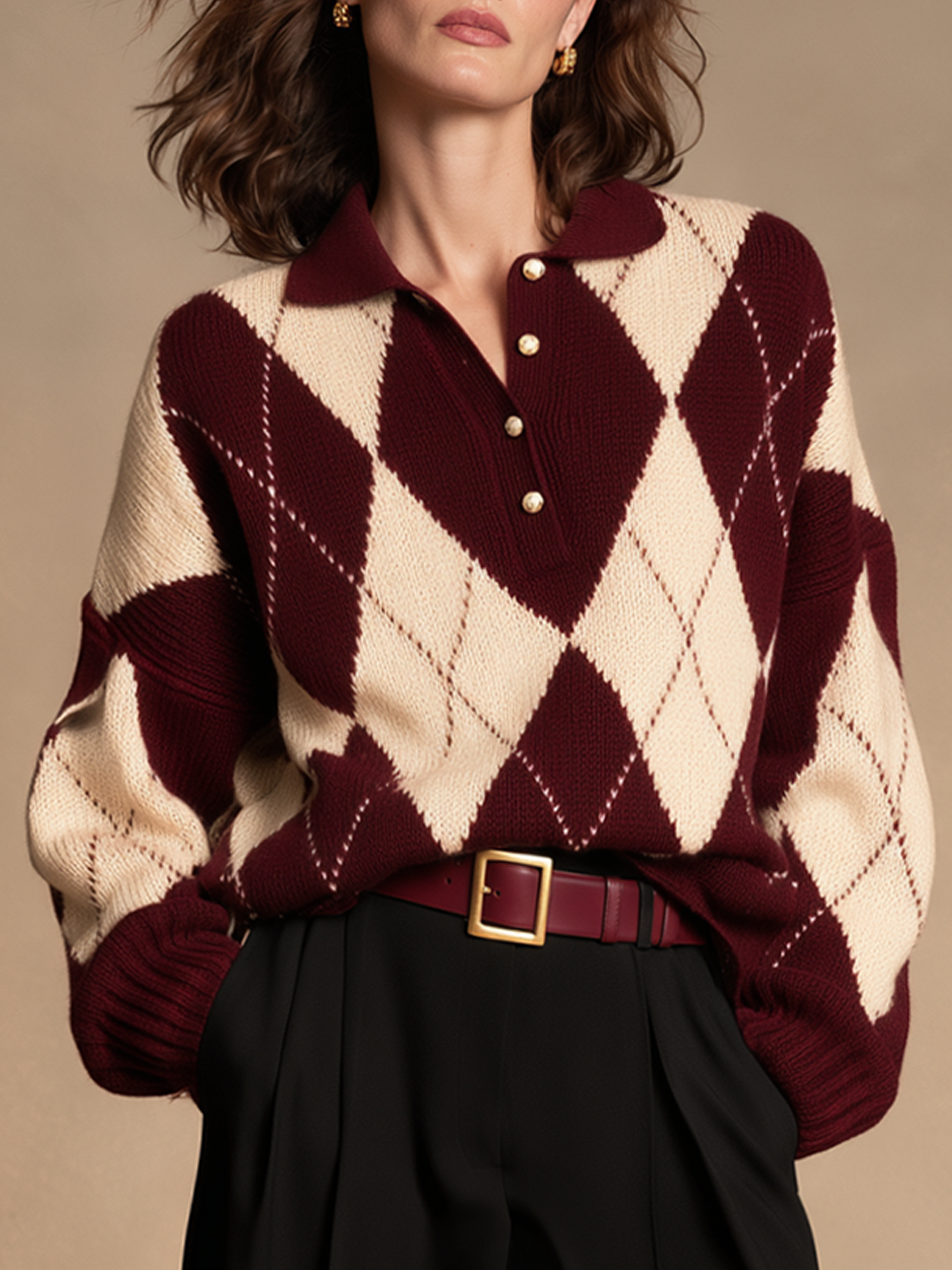 Burgundy Jacquard Knit Polo With Contrasting Diamond Pattern