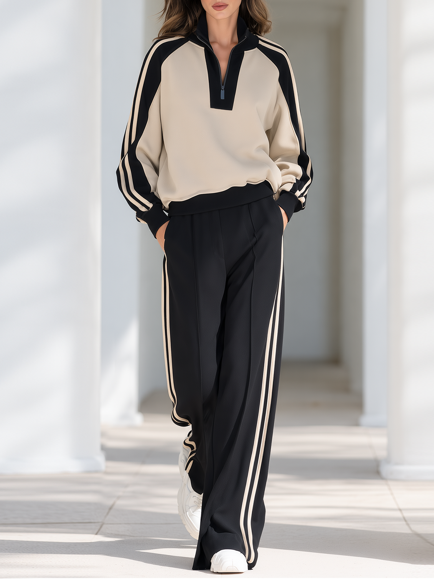 Oatmeal And Black Color-block Long-sleeve Half-zip Top And Wide-leg Pants Set