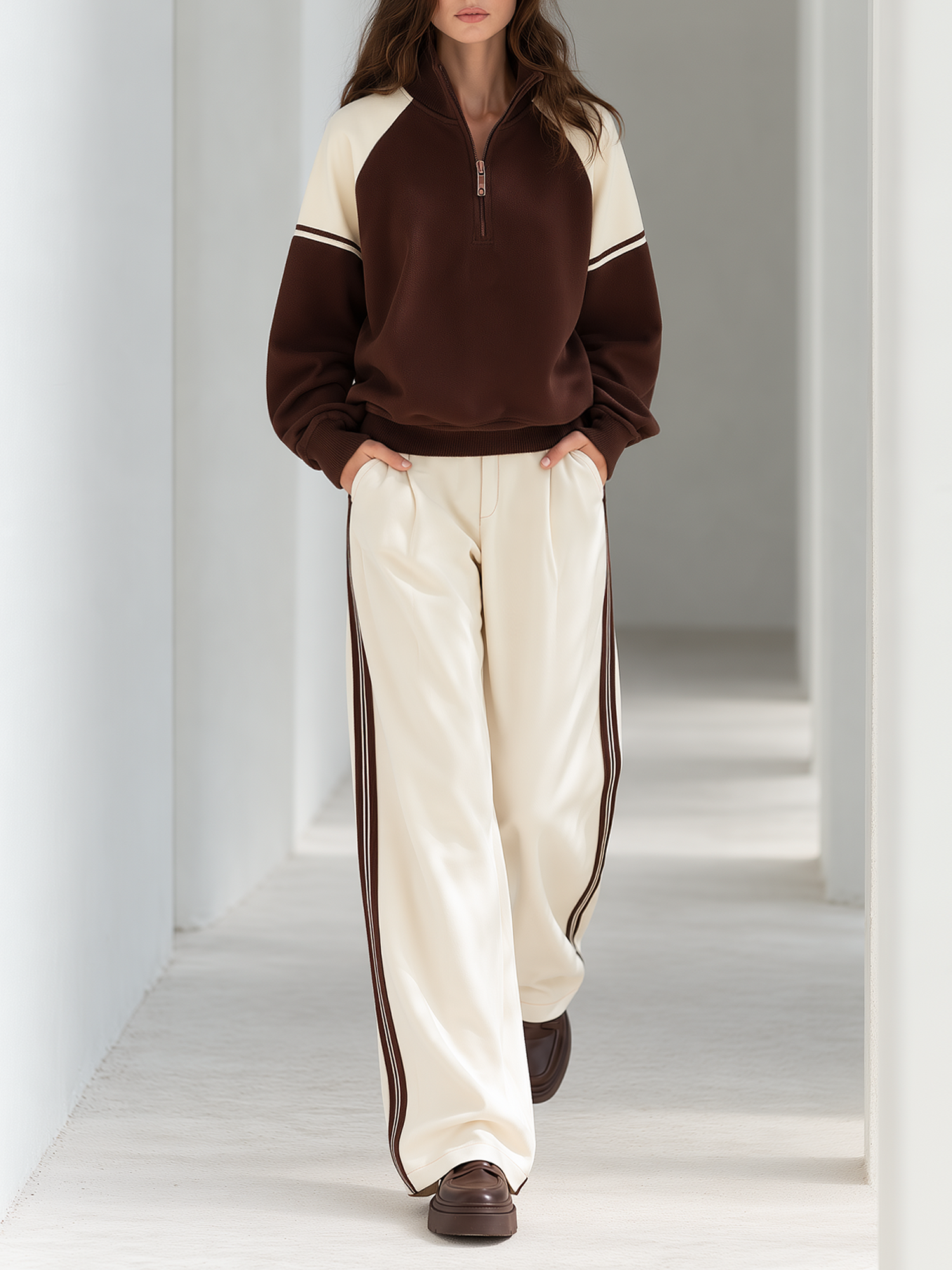 Brown And Beige Color-block Half-zip Long-sleeve Top And Side-stripe Wide-leg Pants Set