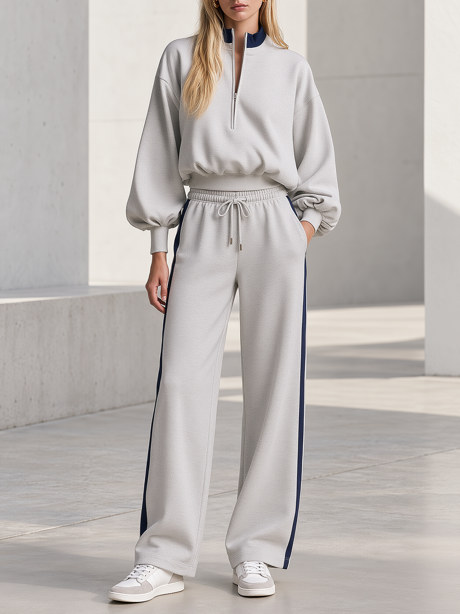 Light Gray Half Zip Lantern Sleeve Sweatshirt Navy Side Stripe Wide Leg Pants Set
