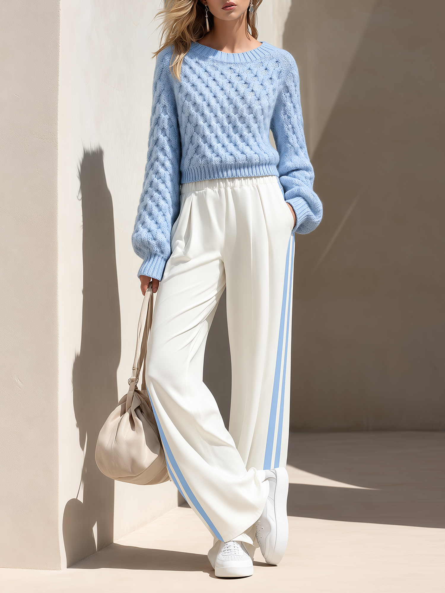 Light Blue Plaid Cable-knit Sweater And White Wide-leg Trousers With Side Stripes Set