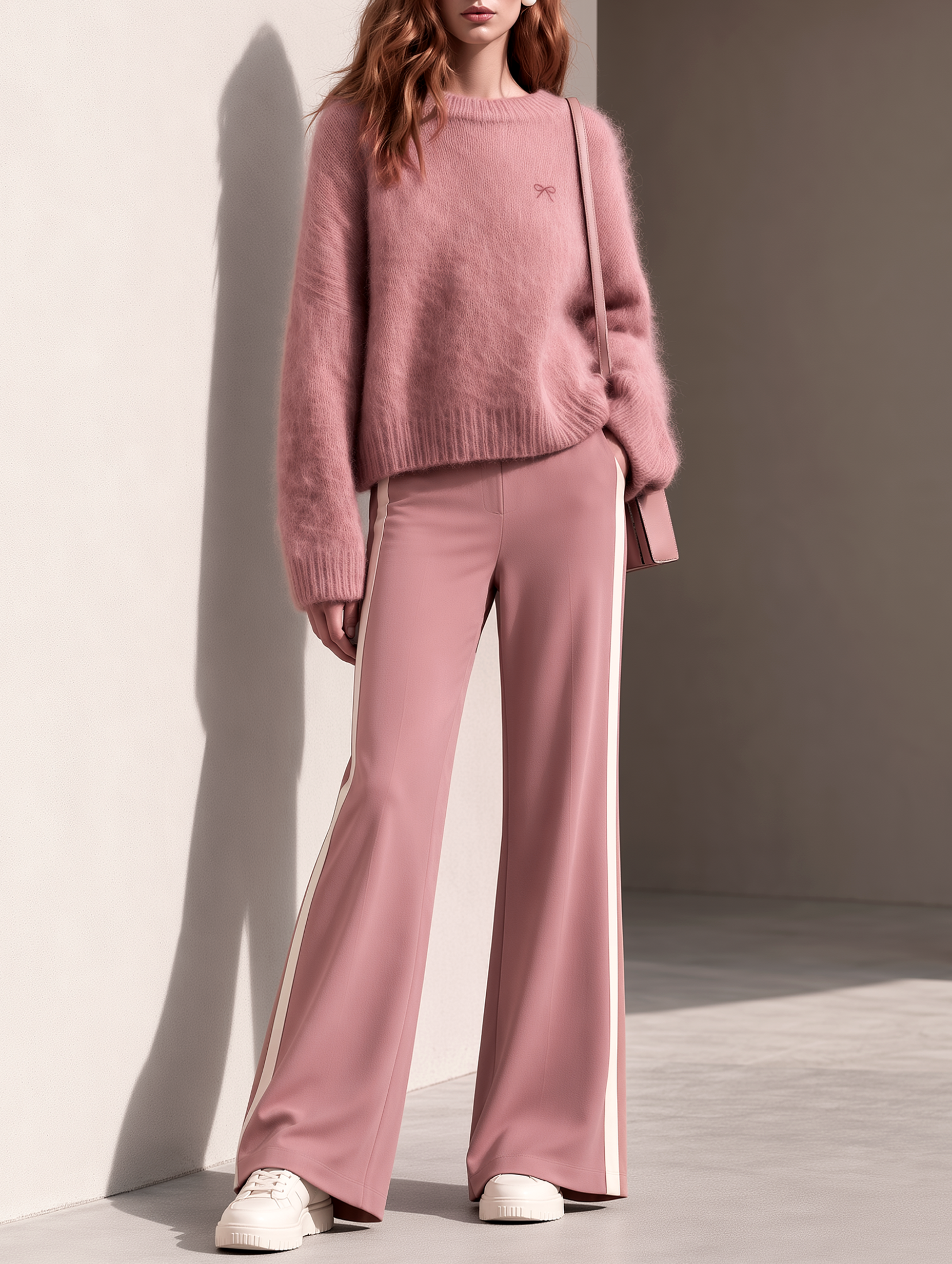 Dusty Rose Embroidered Knit Sweater And Wide-leg Trousers Set