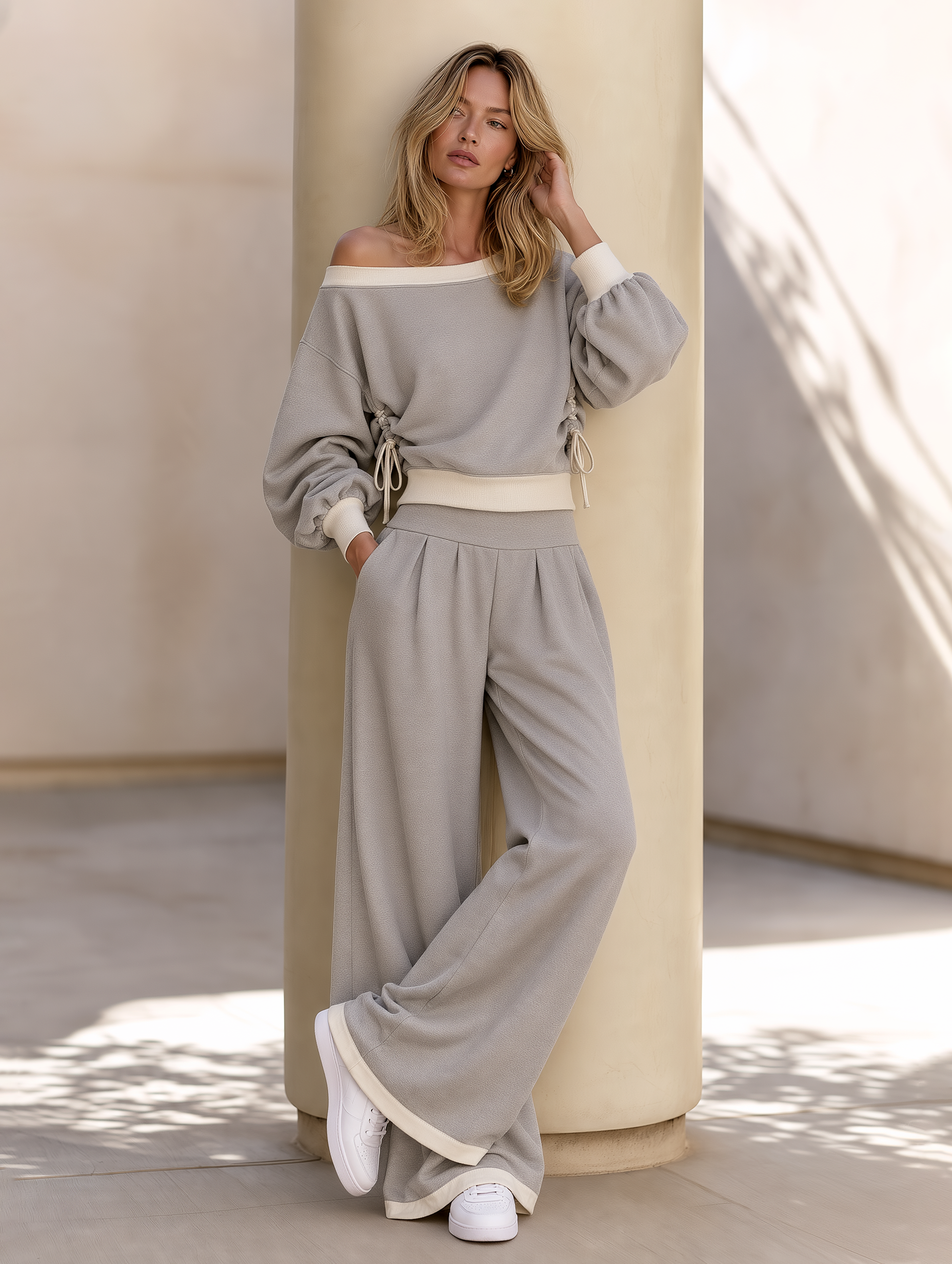 Light Gray One-shoulder Drawstring Sweatshirt And Wide-leg Pants Set