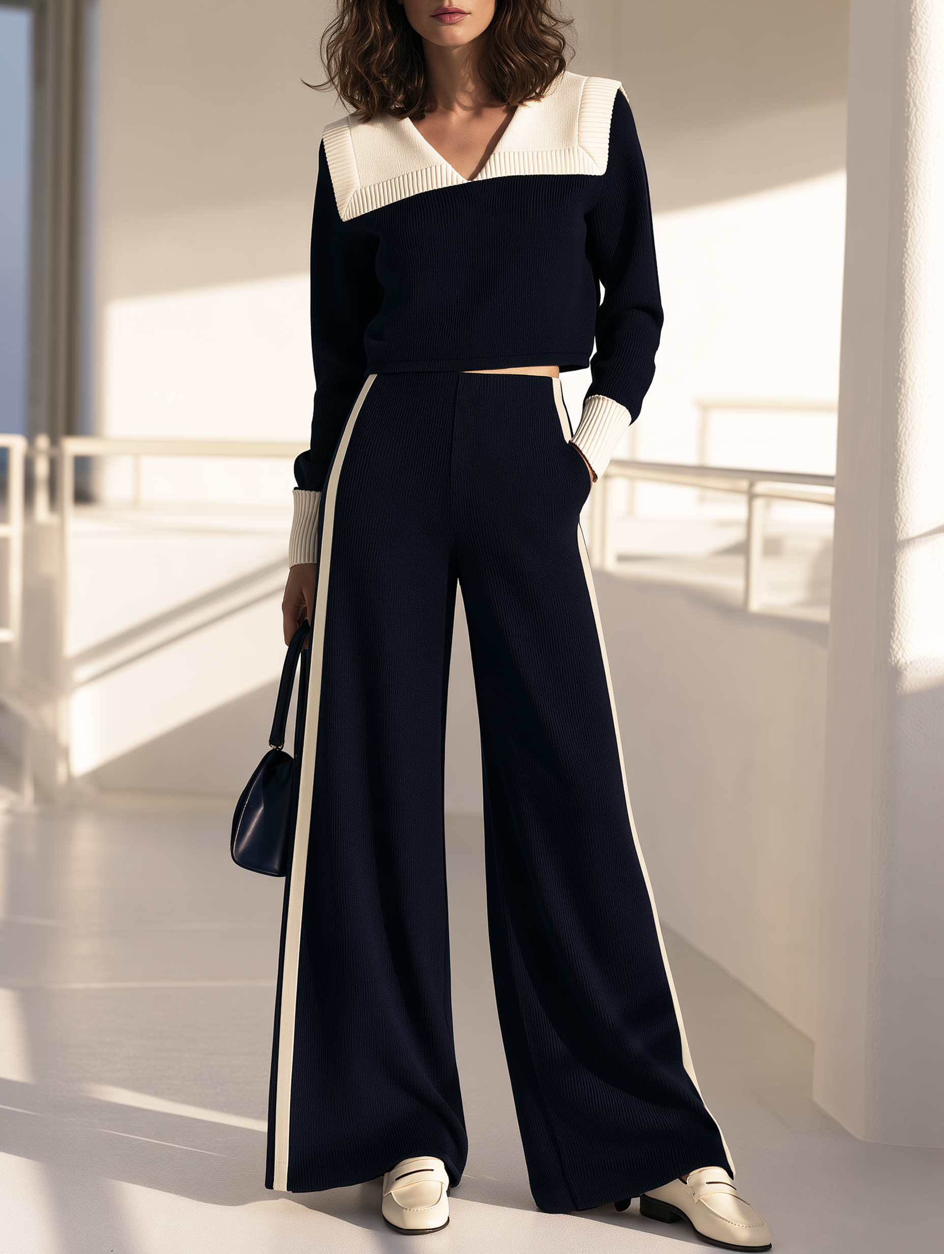 Navy Blue Collared Knit Sweater And Wide-leg Trousers Set