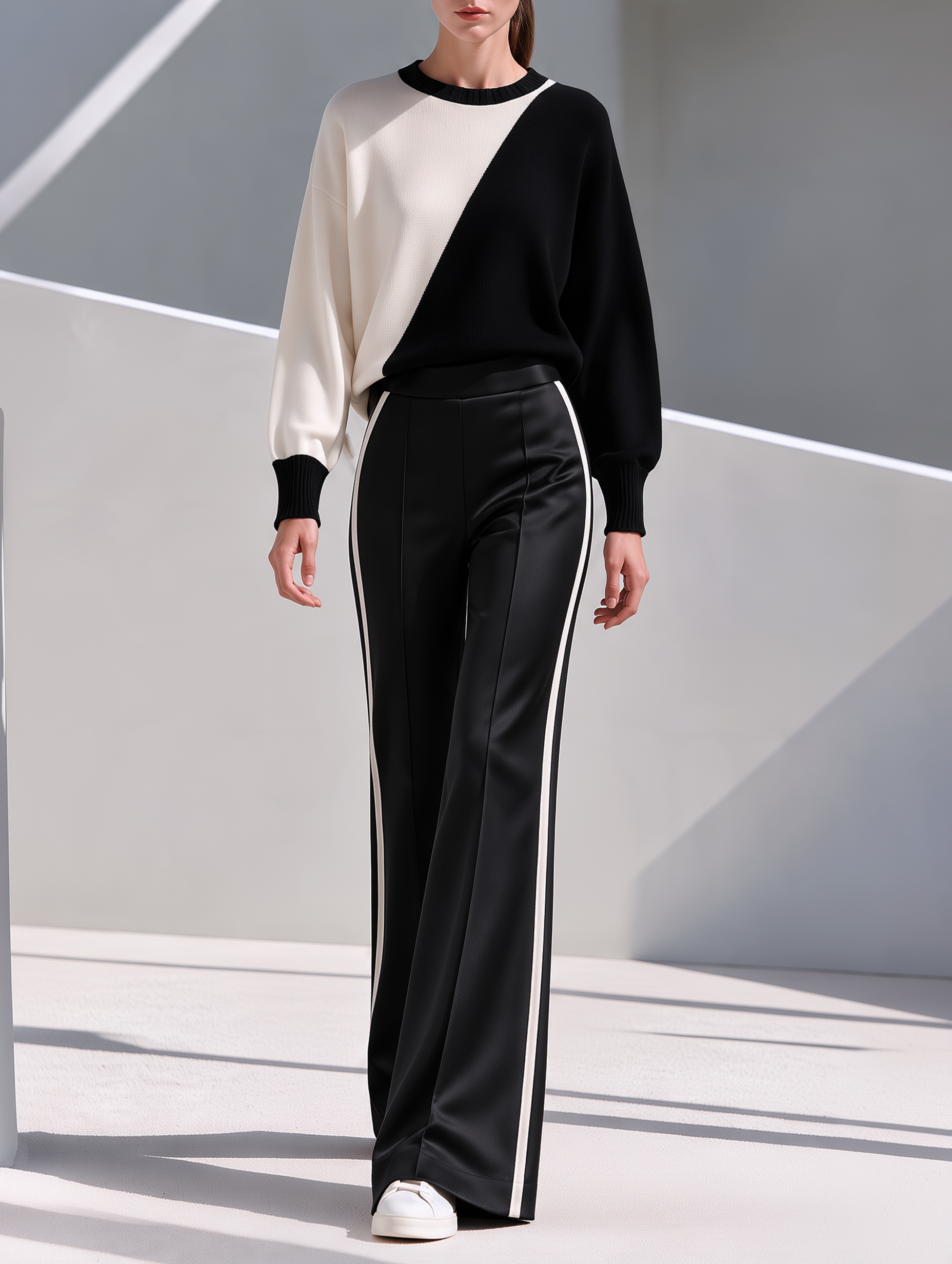 Black And White Diagonal-Panel Knit Top And Satin Trousers Set