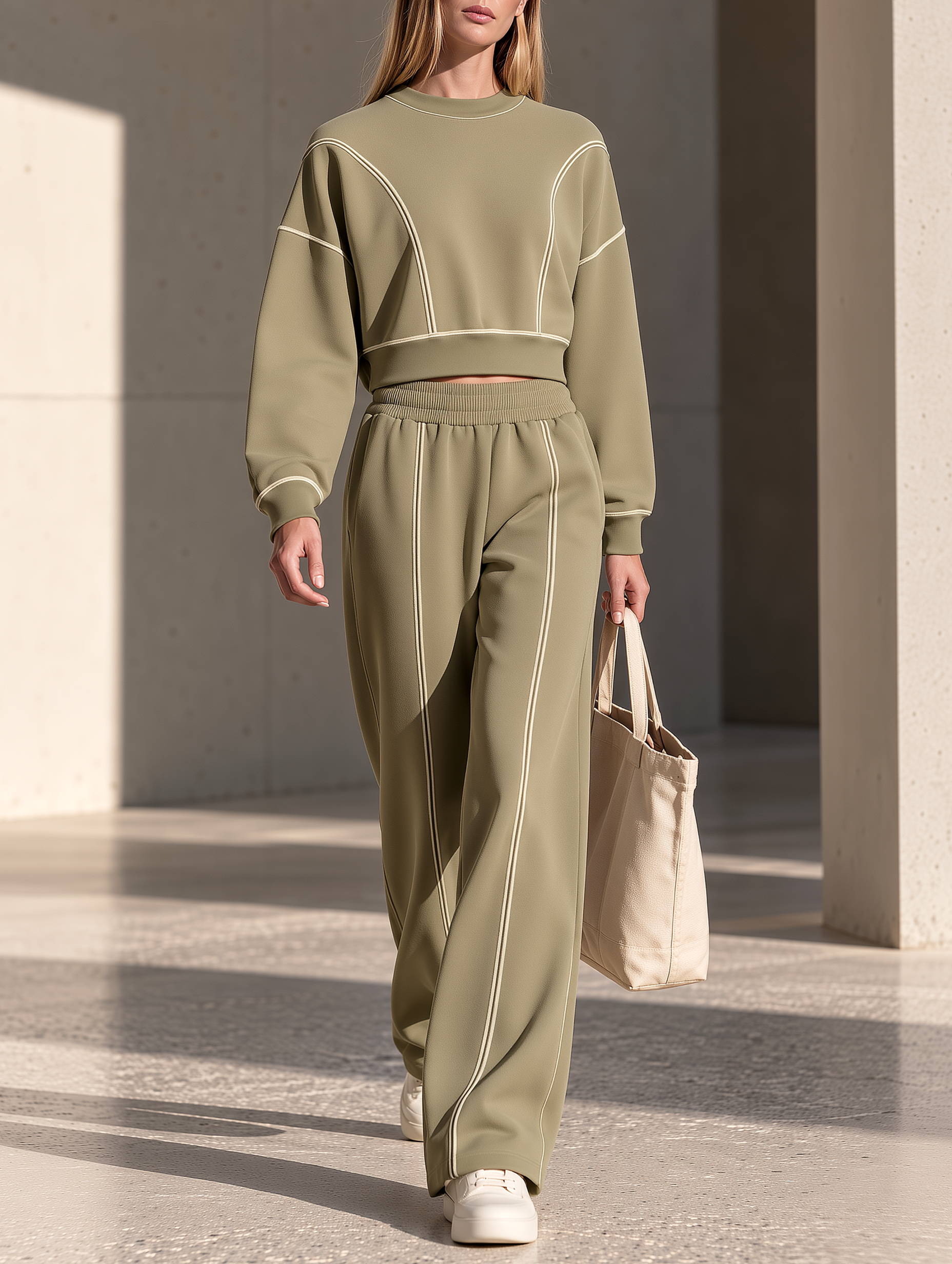 Olive Green Crew-neck Sweatshirt And Wide-leg Trousers Set