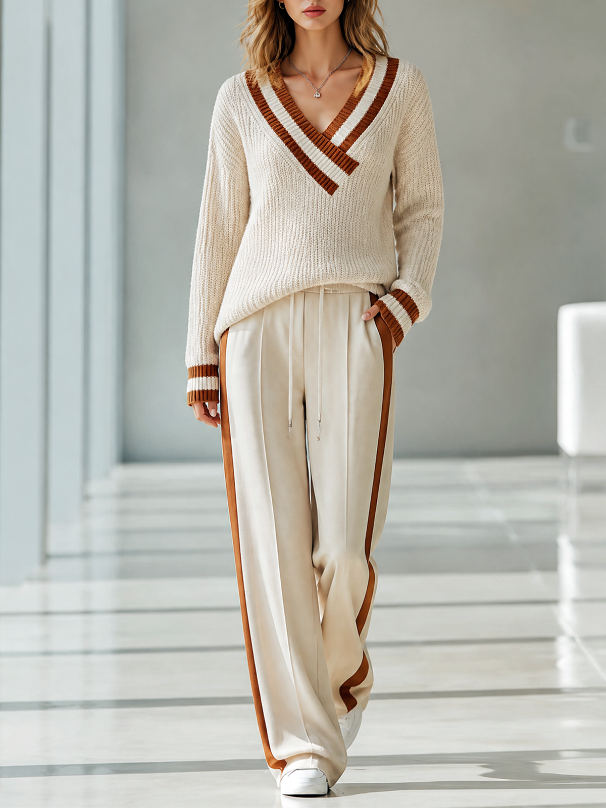 Beige-Caramel Color Block Stripes V-Neck Knit Sweater Side-Stripe Wide-leg Pants Set