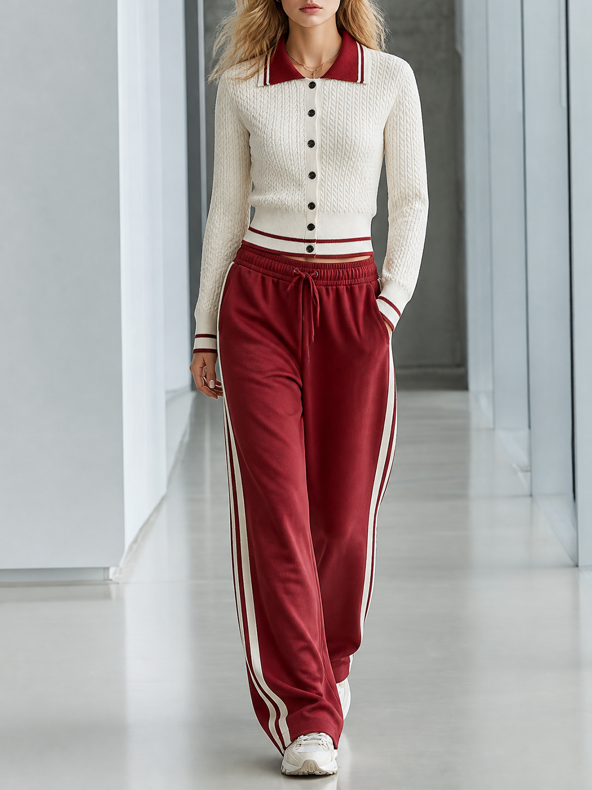 Off-White Lape Collar Contrast Trim Cable Knit Cardigan Burgundy  Side-Stripe Wide-leg Pants Set