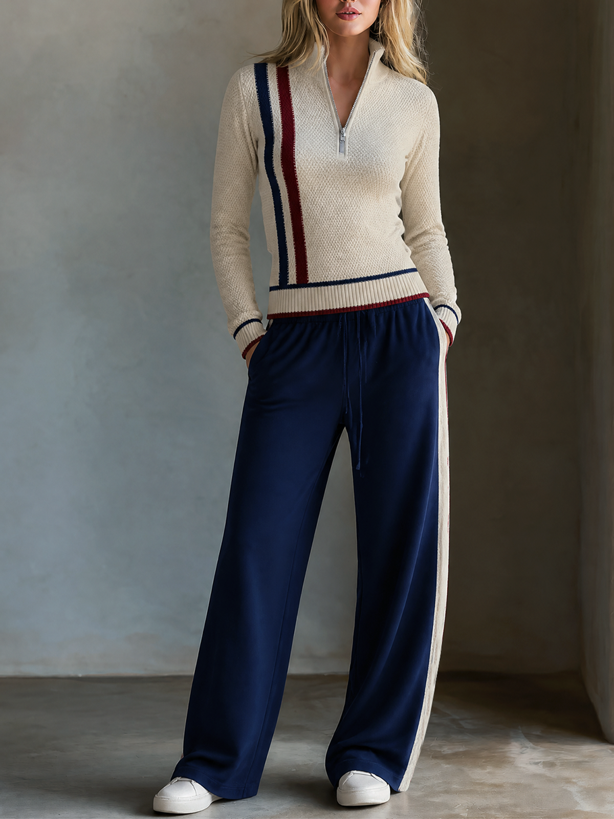Off-White Stand Collar Half Zip Contrast Trim Knit Sweater Navy Side-Stripe Wide-leg Pants Set