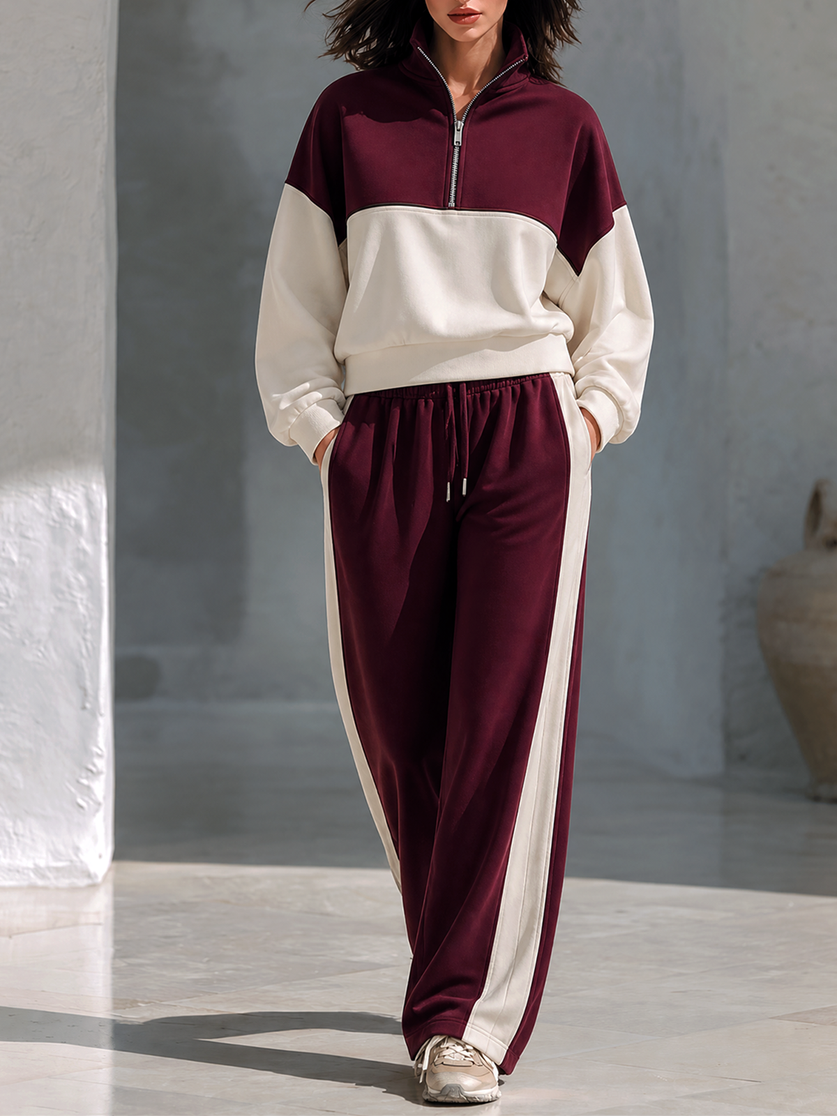 Burgundy-Off White Color Block Stand Collar Half Zip Sweatshirt Side-Stripe Wide-leg Pants Set