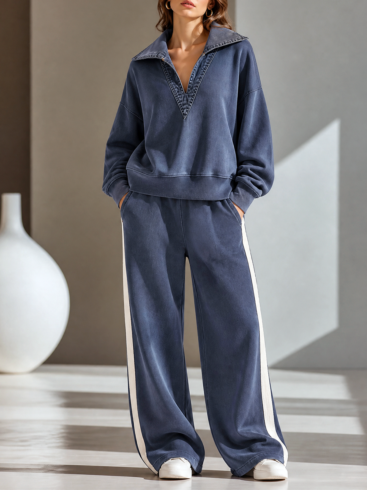Washed Blue Lapel V-Neck Denim Spliced Sweatshirt Side-Stripe Wide-leg Pants Set