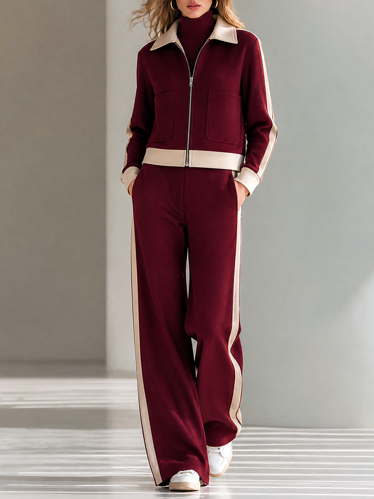 Burgundy Lape Full Zip Contrast Trim Patch Pocket Jacket Side-Stripe Wide-leg Pants Set