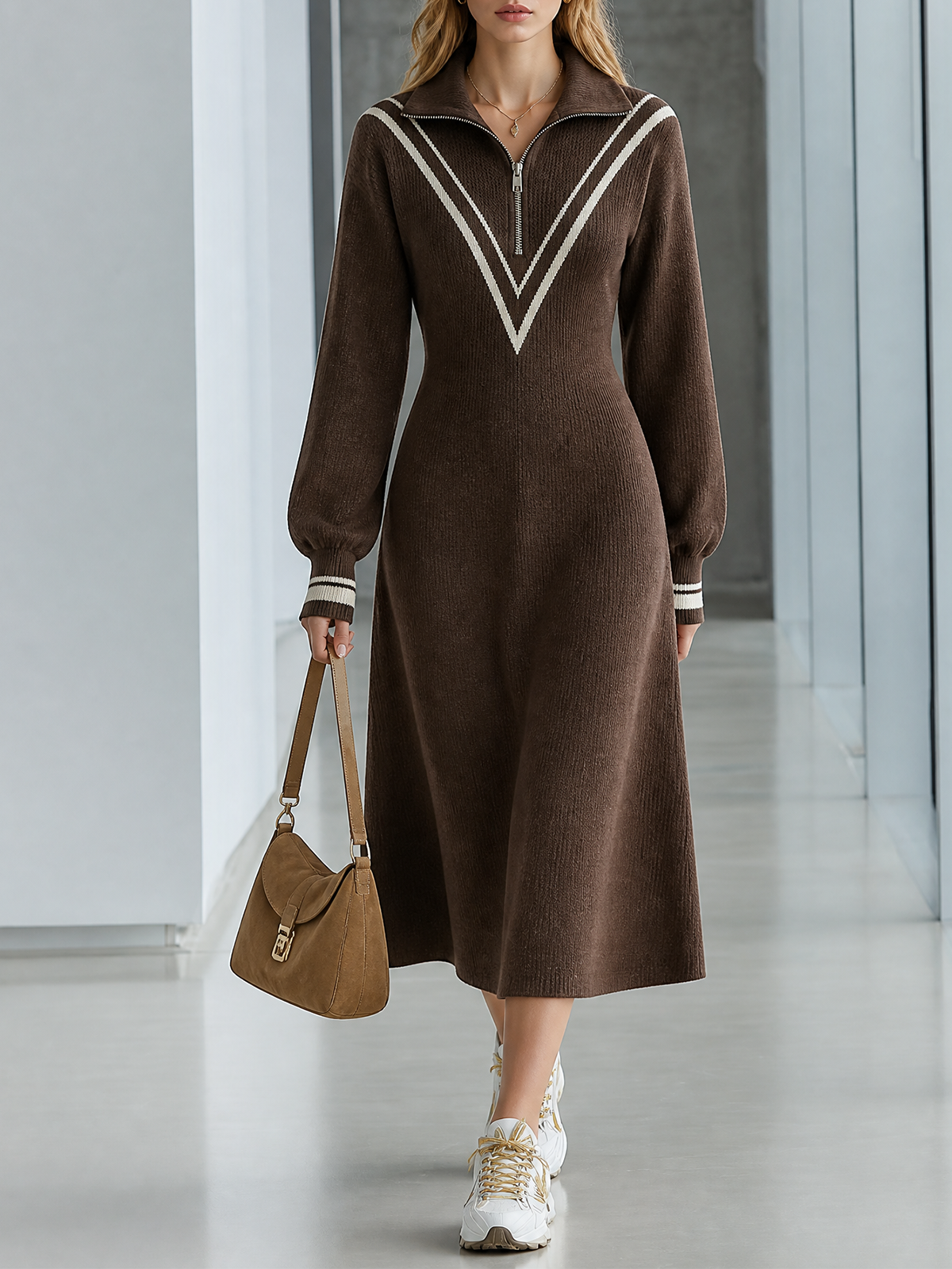 Brown Lape Half Zip Contrast Stripe Long-Sleeve A-Line Knit Midi Dress