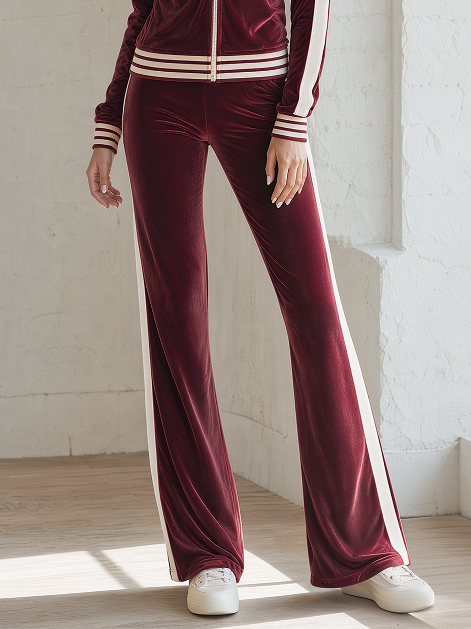 Stylish Burgundy Color-Block Velvet Flared Pants With An Elastic Waist