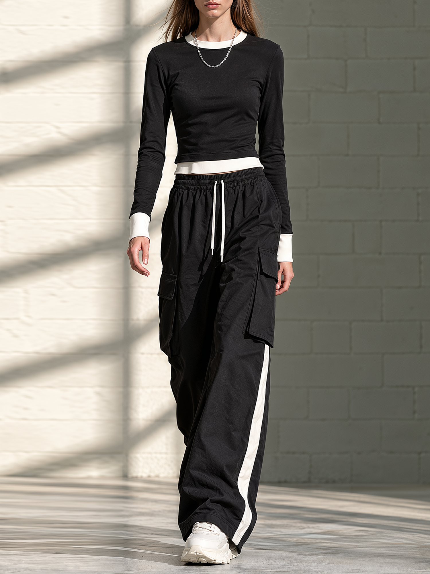 Black White Color Block Long Sleeve Top Cargo Wide Leg Pants Set