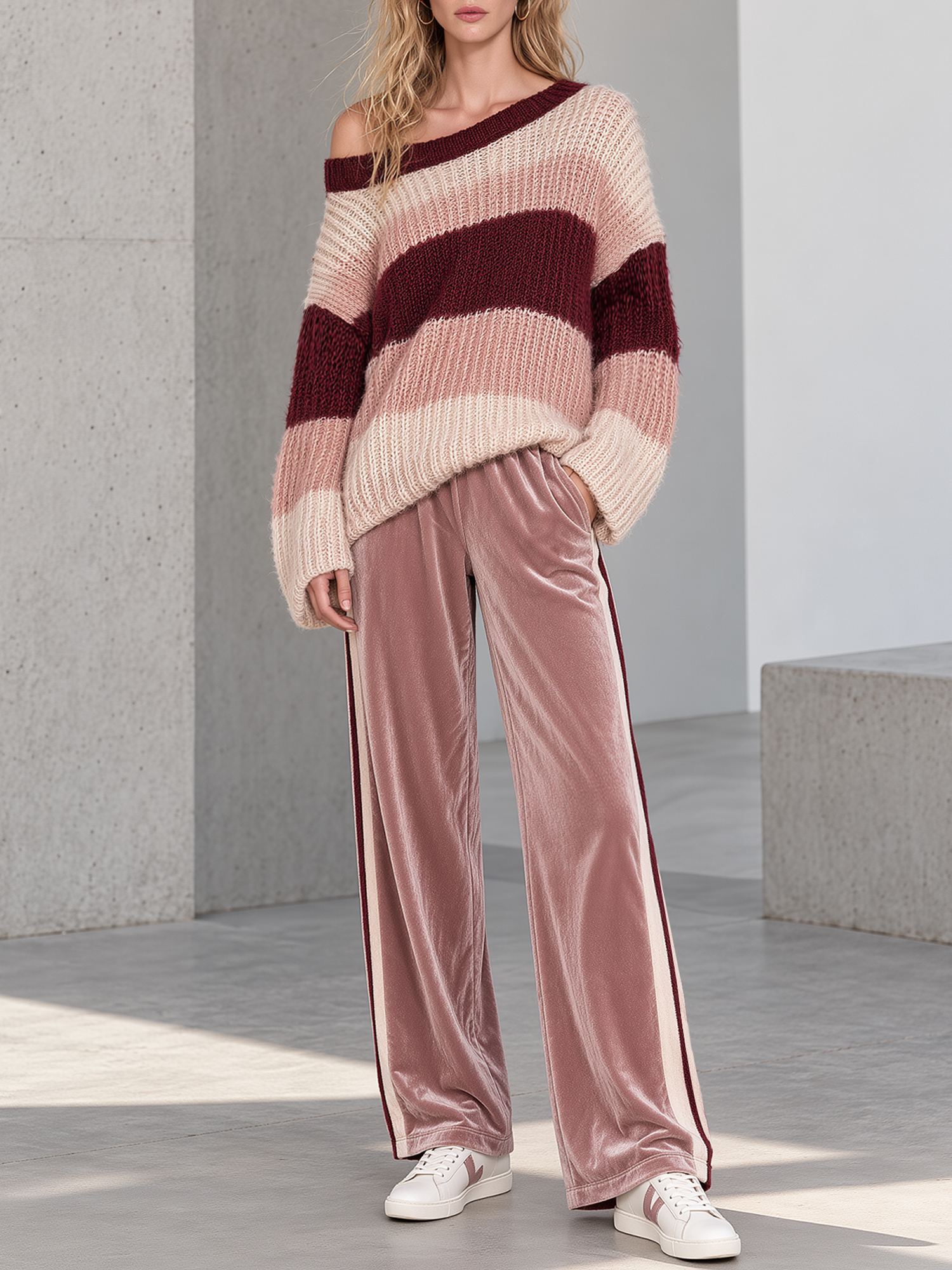Three-tone Striped Off-shoulder Sweater And Velvet Wide-leg Pants Set