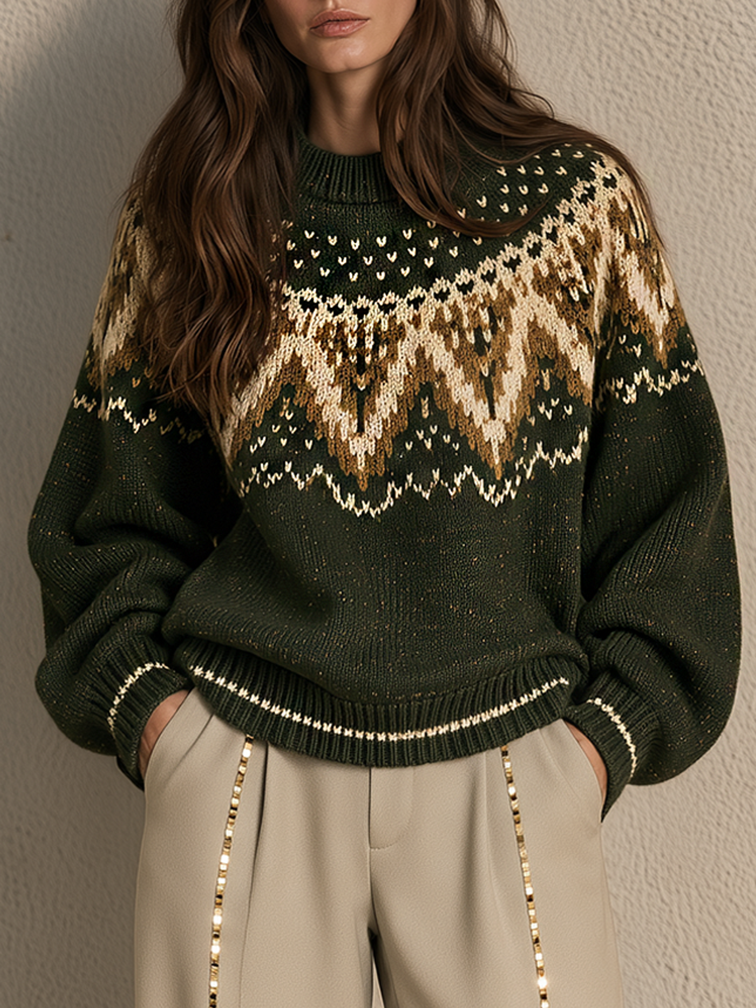Dark Green Fair Isle Jacquard Oversized Knit Sweater