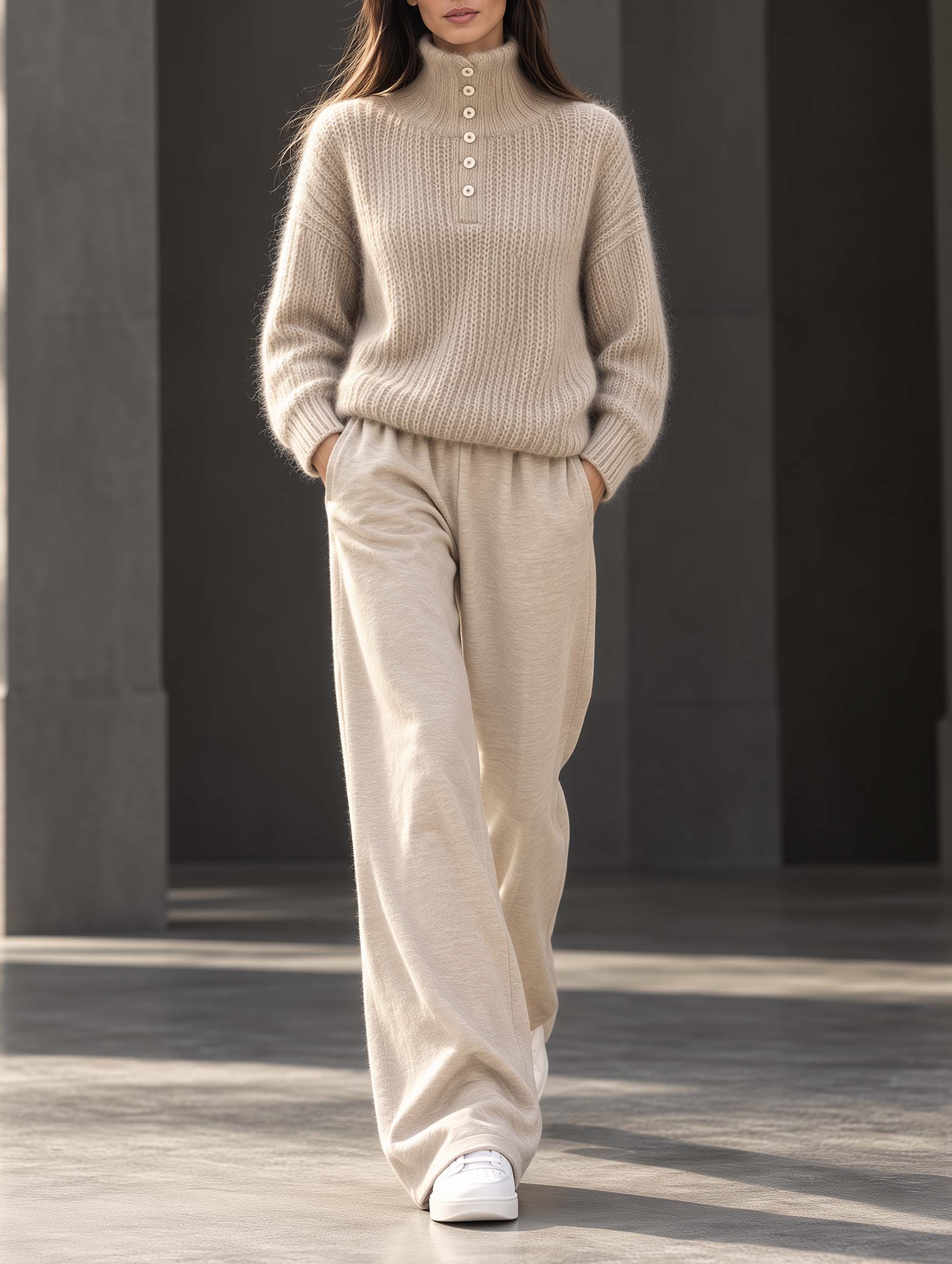 Stylish And Cozy Oatmeal-colored Long-sleeve Turtleneck Sweater And Trousers Set