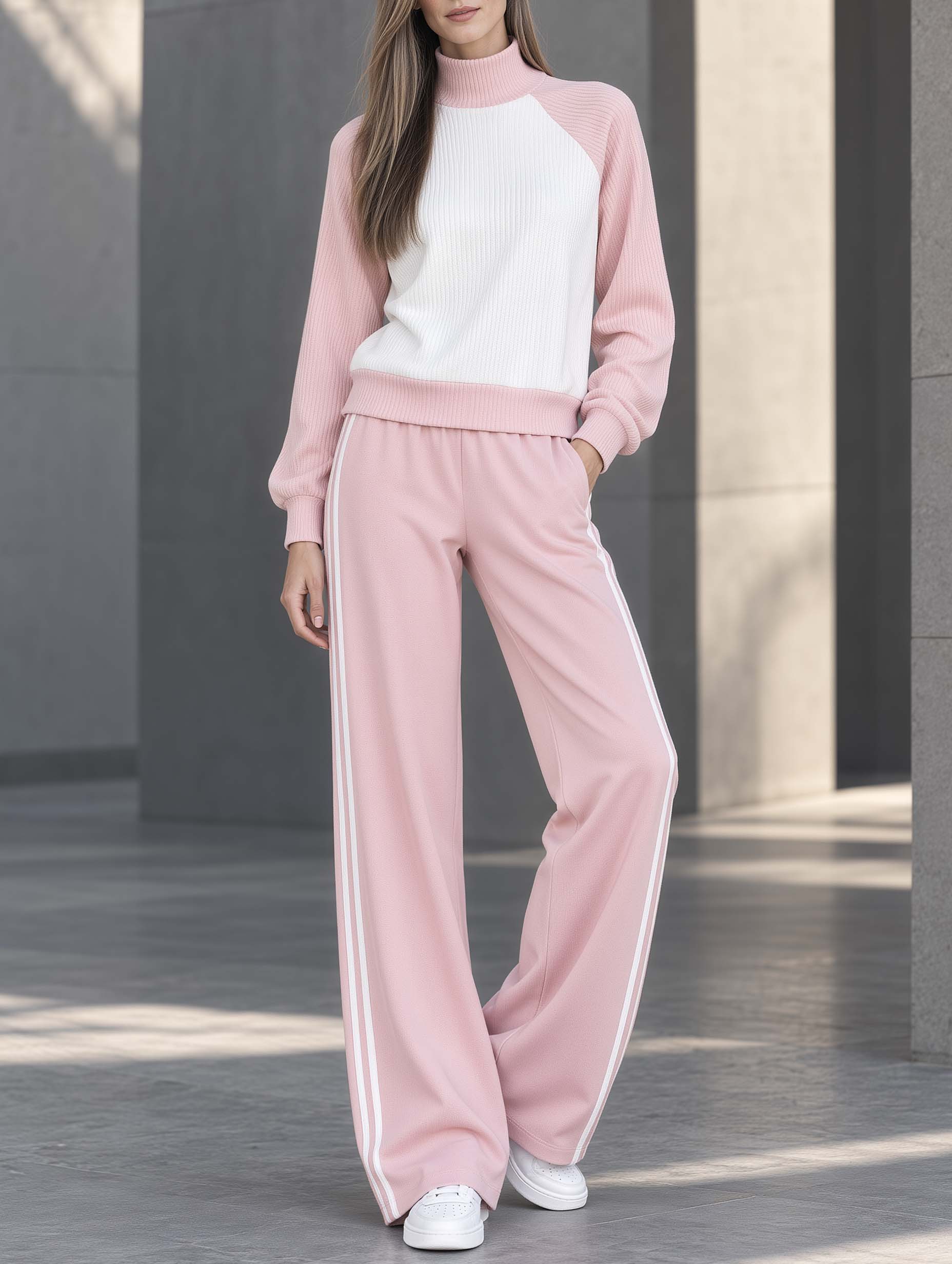 Stylish And Minimalist Pink And White Color-block Long-sleeve High-neck Top And Wide-leg Pants Set
