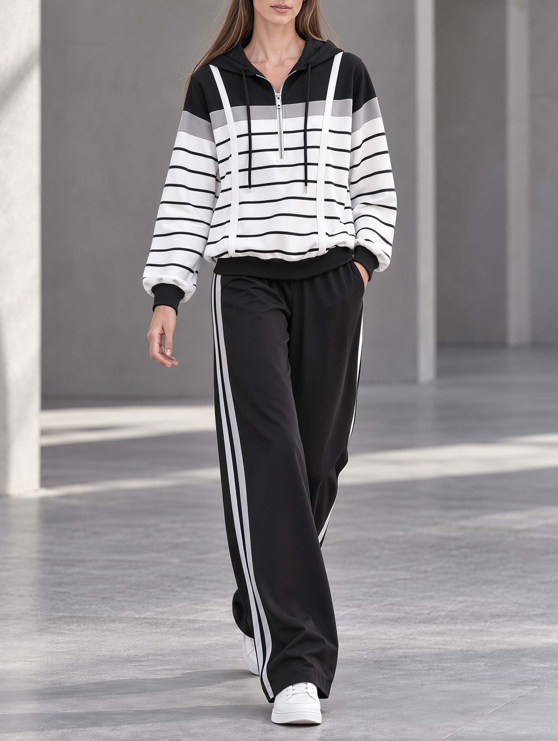 Stylish Casual Black Striped Half-zip Hooded Sweatshirt And Pants Set