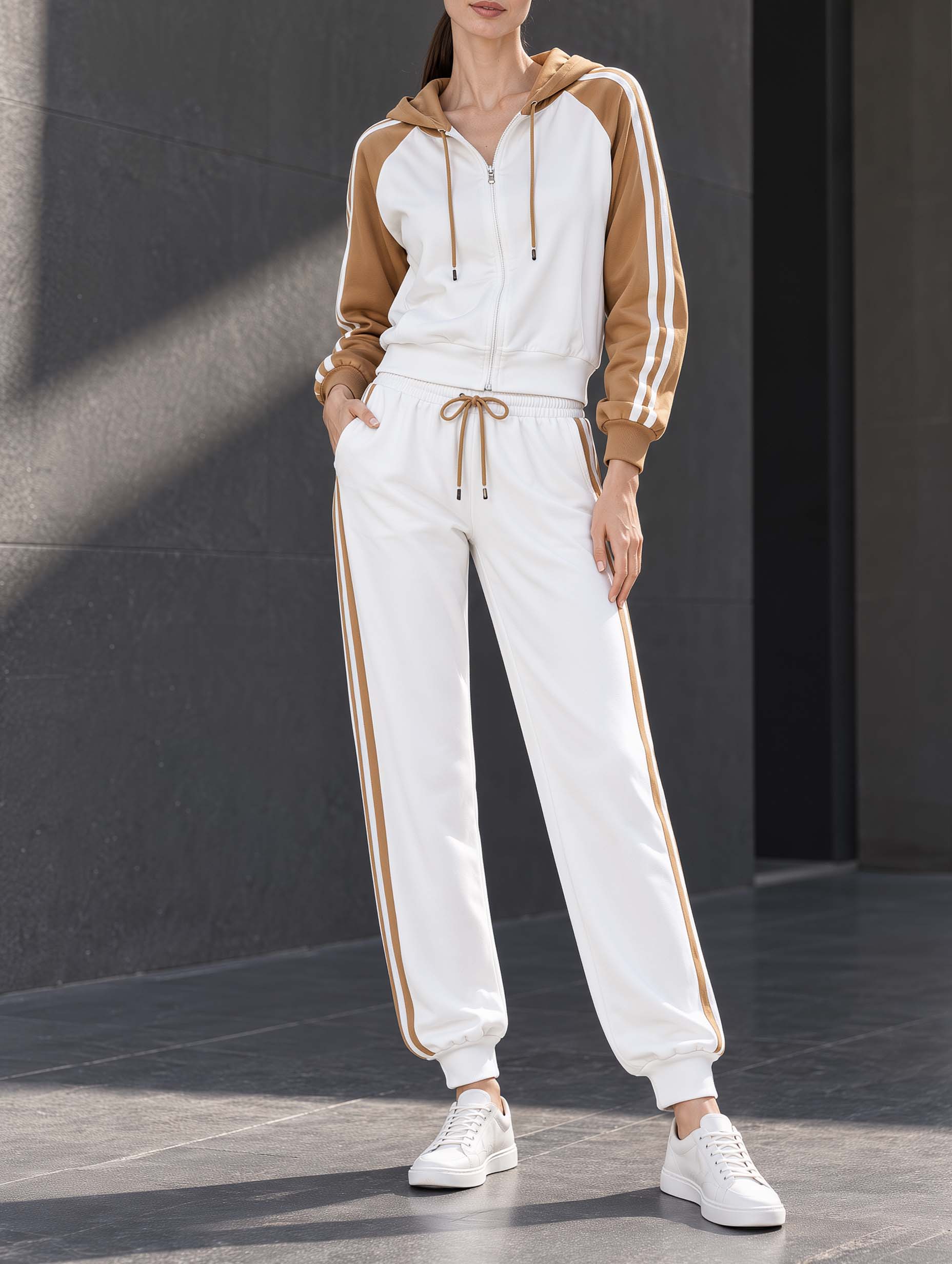 White And Khaki Color-Block Long-Sleeve Hooded Jacket And Jogger Pants Fashion Set