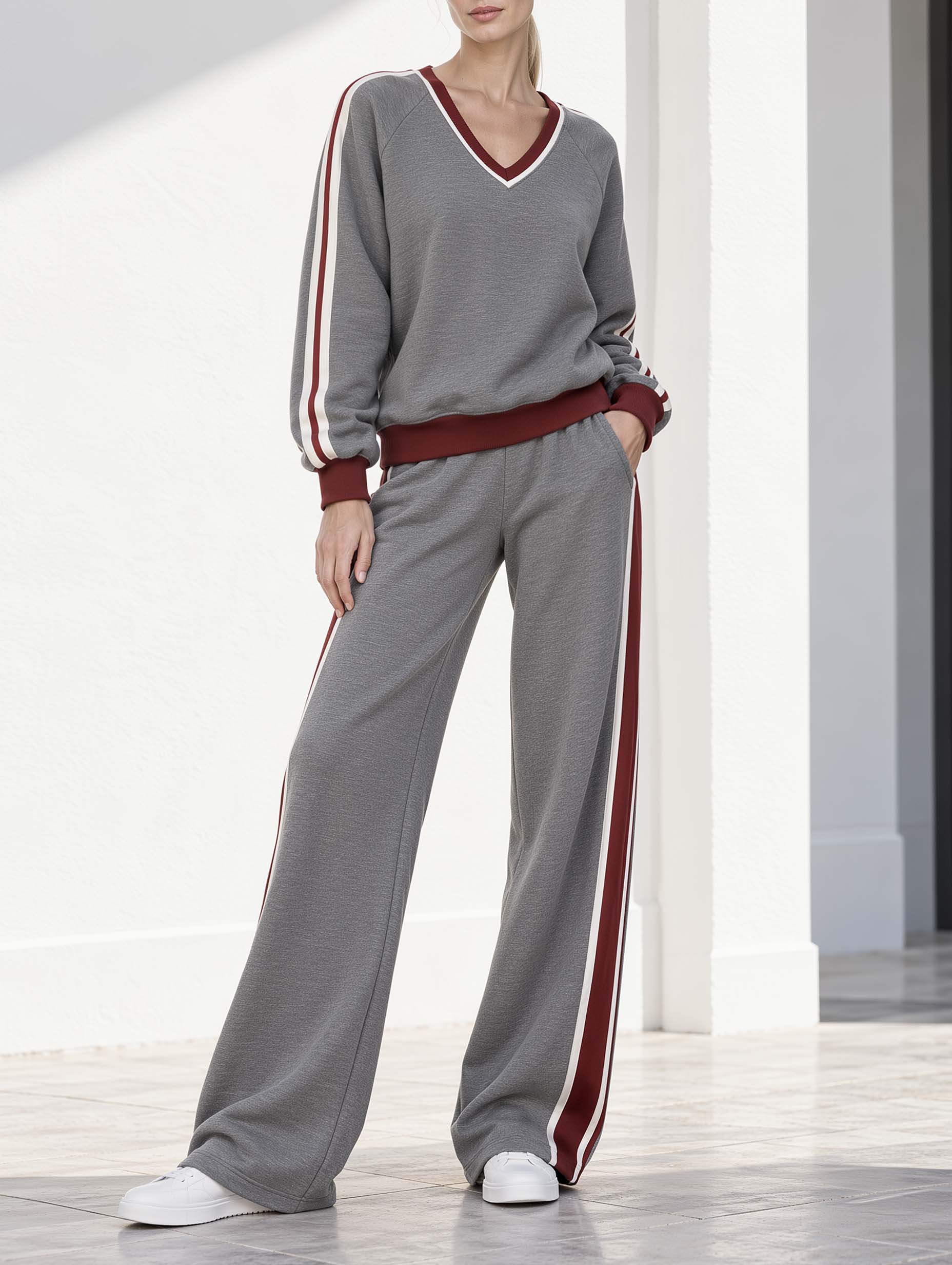 Stylish Casual Grey And Red Color-Block V-Neck Long-Sleeve Top And Wide-Leg Pants Set