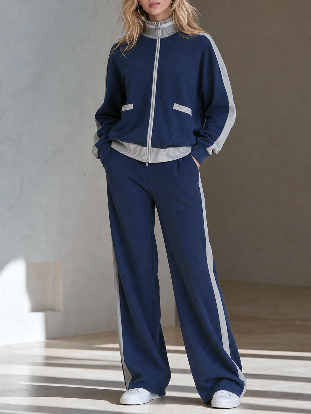 Navy Blue Stand Full Zip Contrast Trim Patch Pocket Jacket Side-Stripe Wide-leg Pants Set