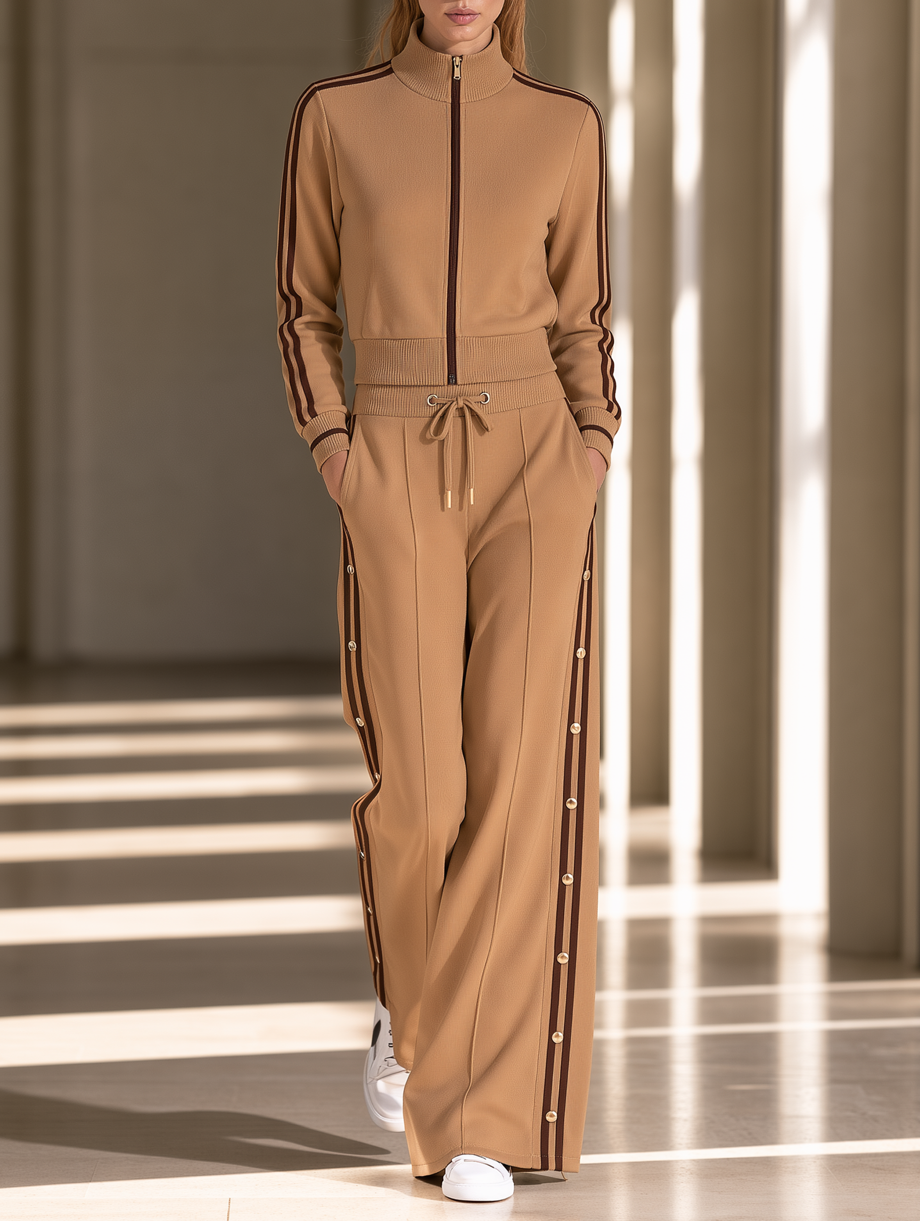 Camel Stand-collar Jacket And Drawstring Wide-leg Pants Set