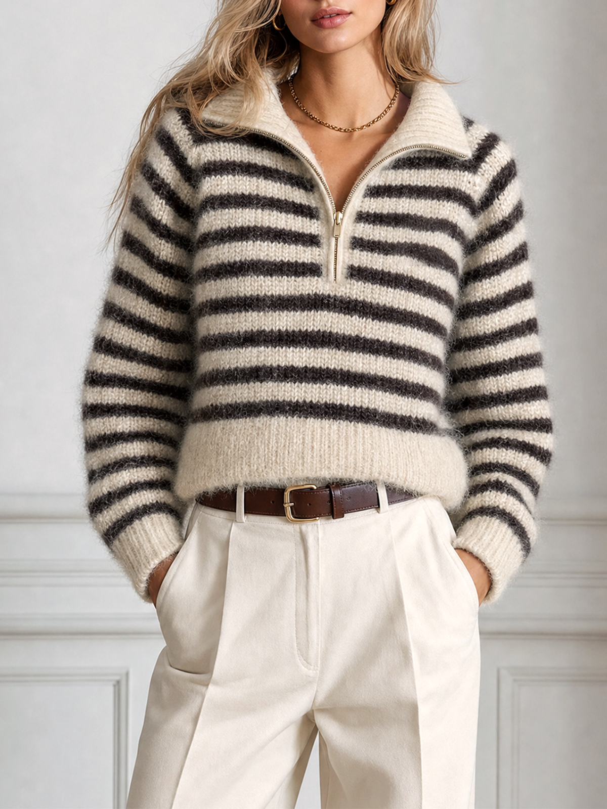 Off White- Brown Striped Lape Collar Half Zip Fuzzy Knit Sweater