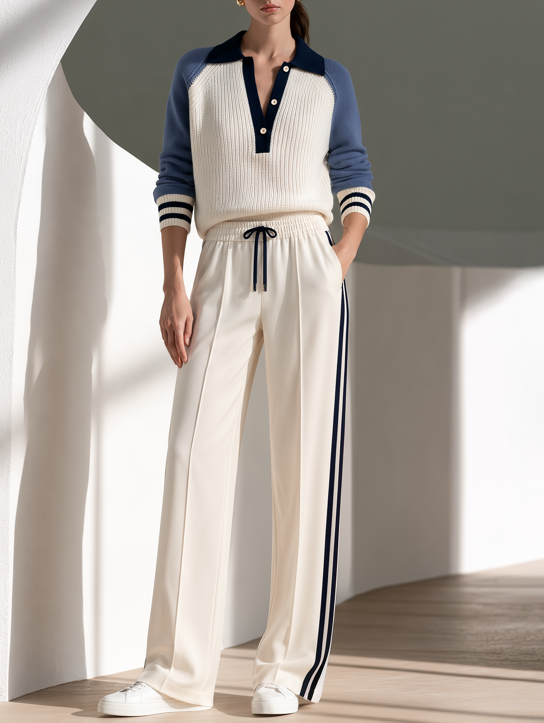 Blue And White Color-block Knit Sweater And Wide-leg Pants Set