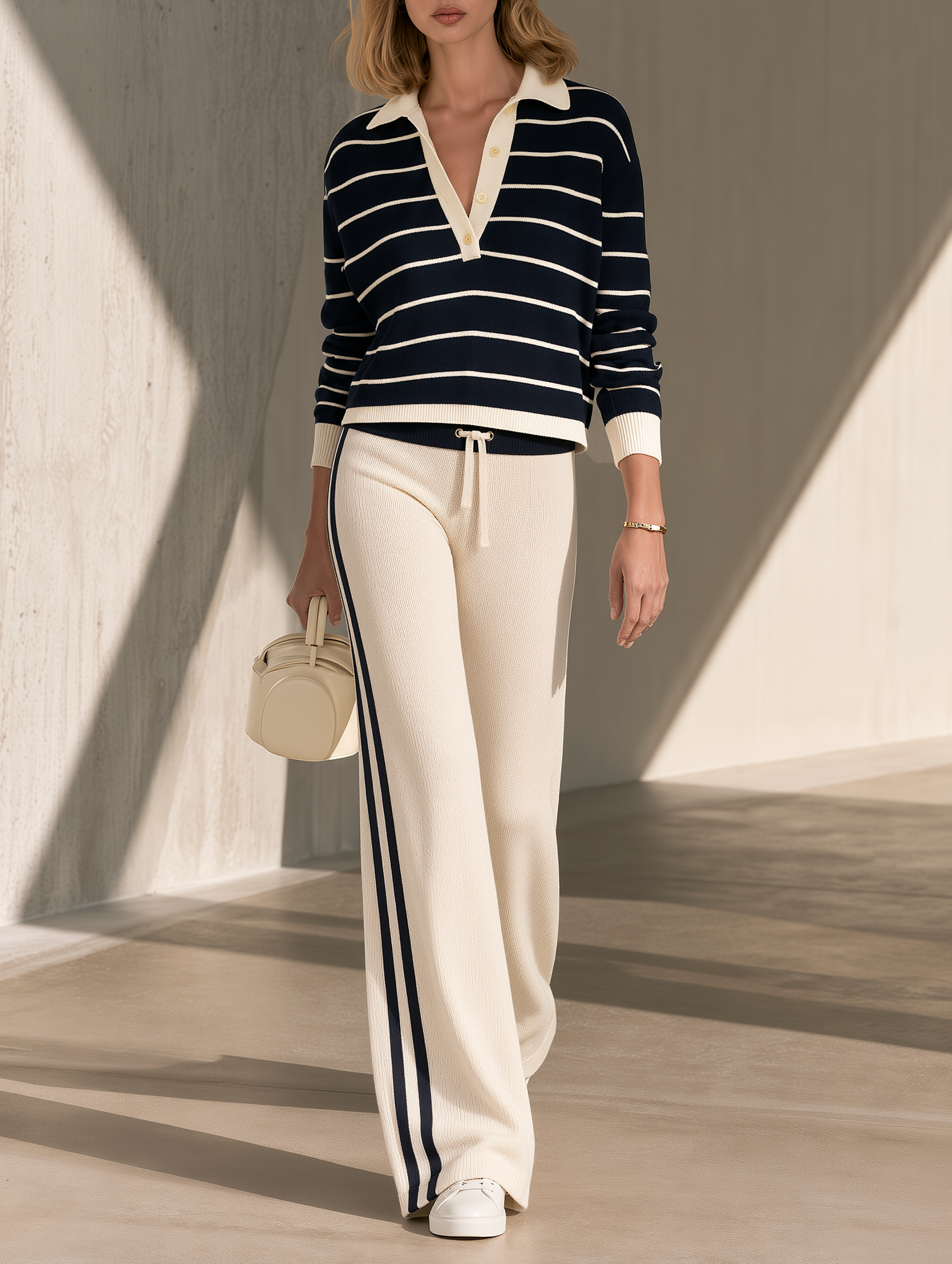 Navy And White Striped Polo Sweatshirt And Wide-Leg Trousers Set