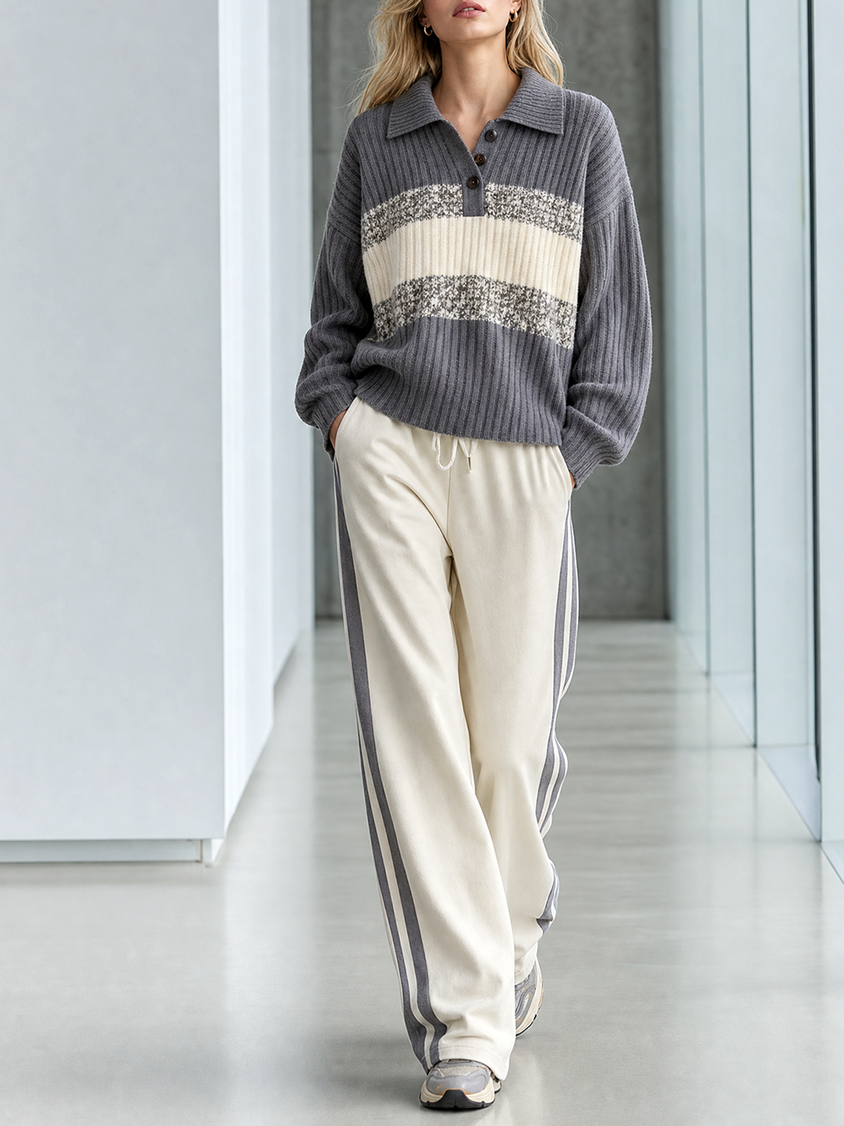 Grey Lape Button Up Contrast Trim Knit Sweater Side-Stripe Wide-leg Pants Set