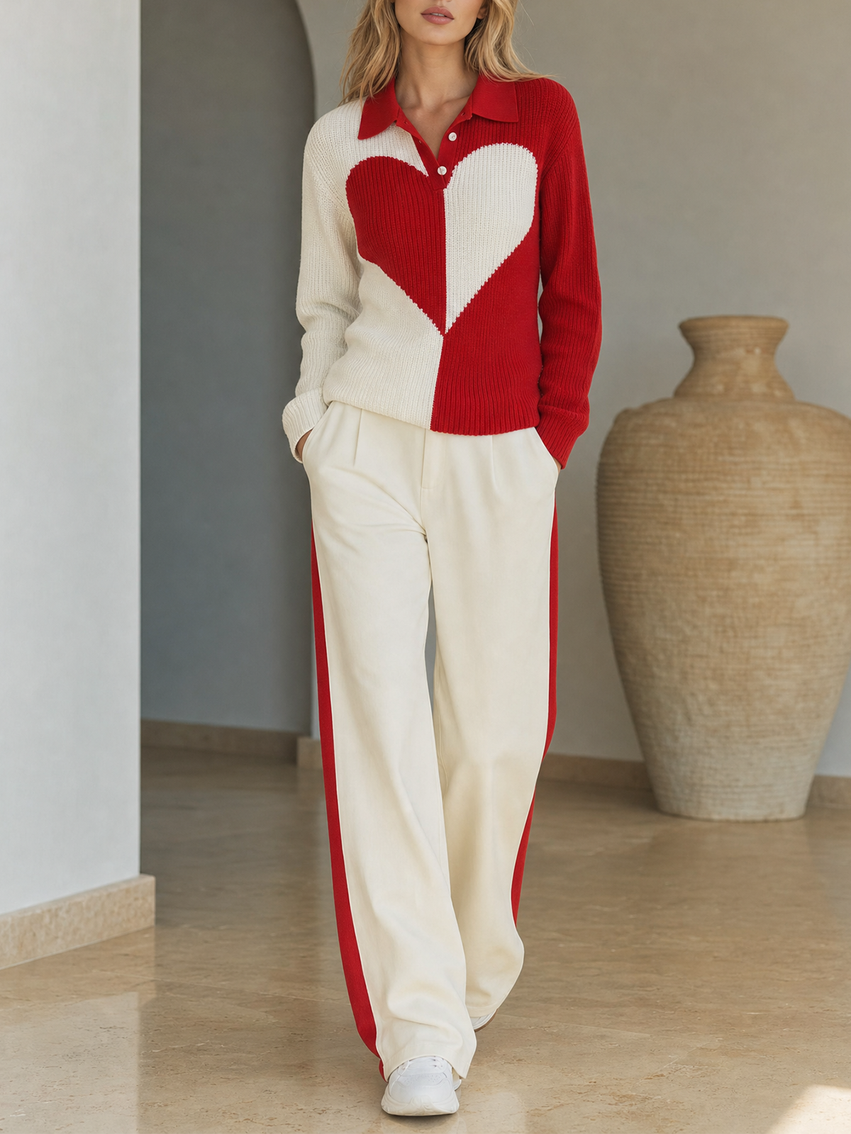 White-Red Color Block Heart Jacquard Lape Button Up Knit Sweater Side-Stripe Wide-leg Pants Set