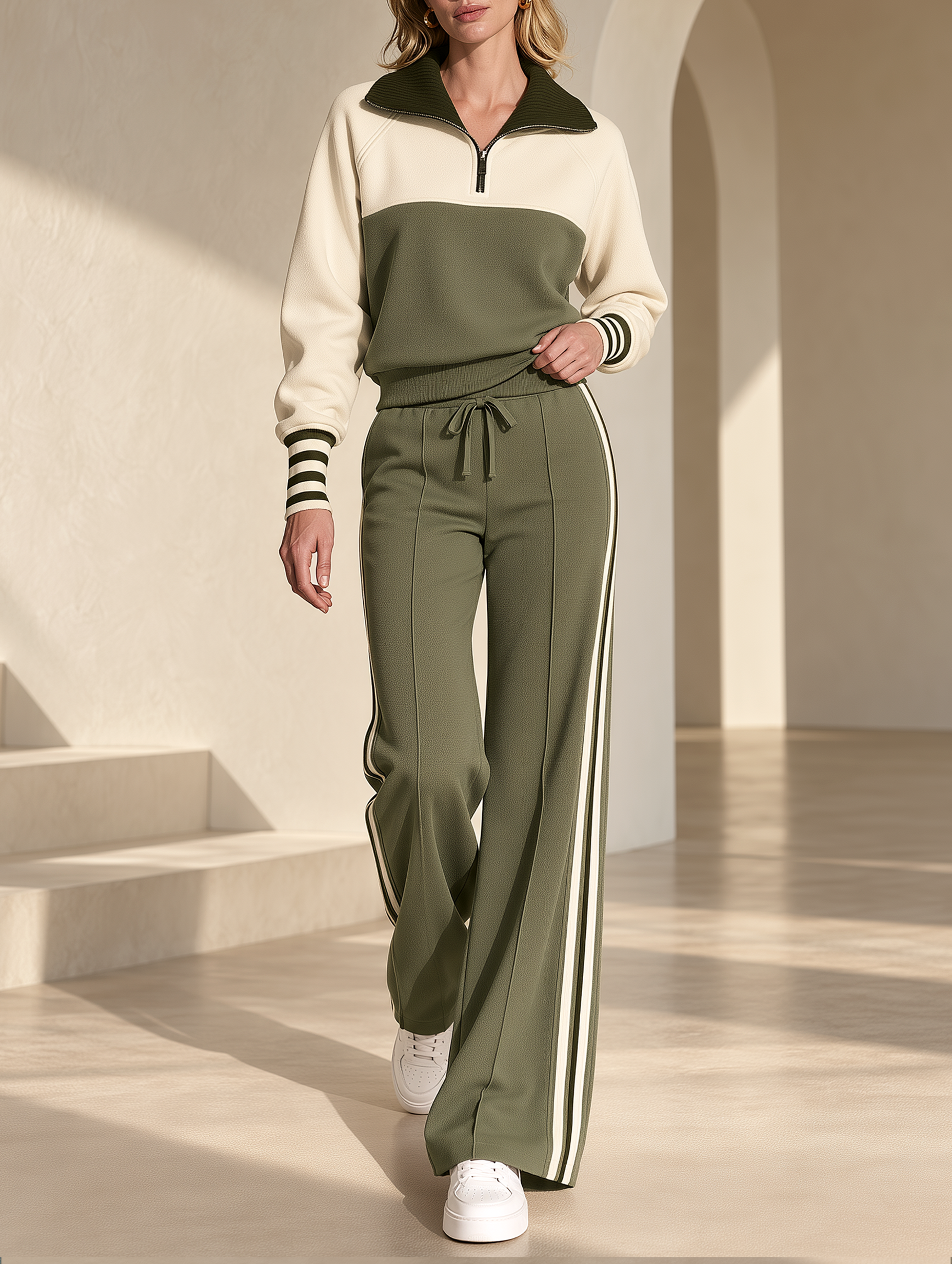 Color-block Half-zip Sweatshirt And Drawstring Wide-leg Pants Set
