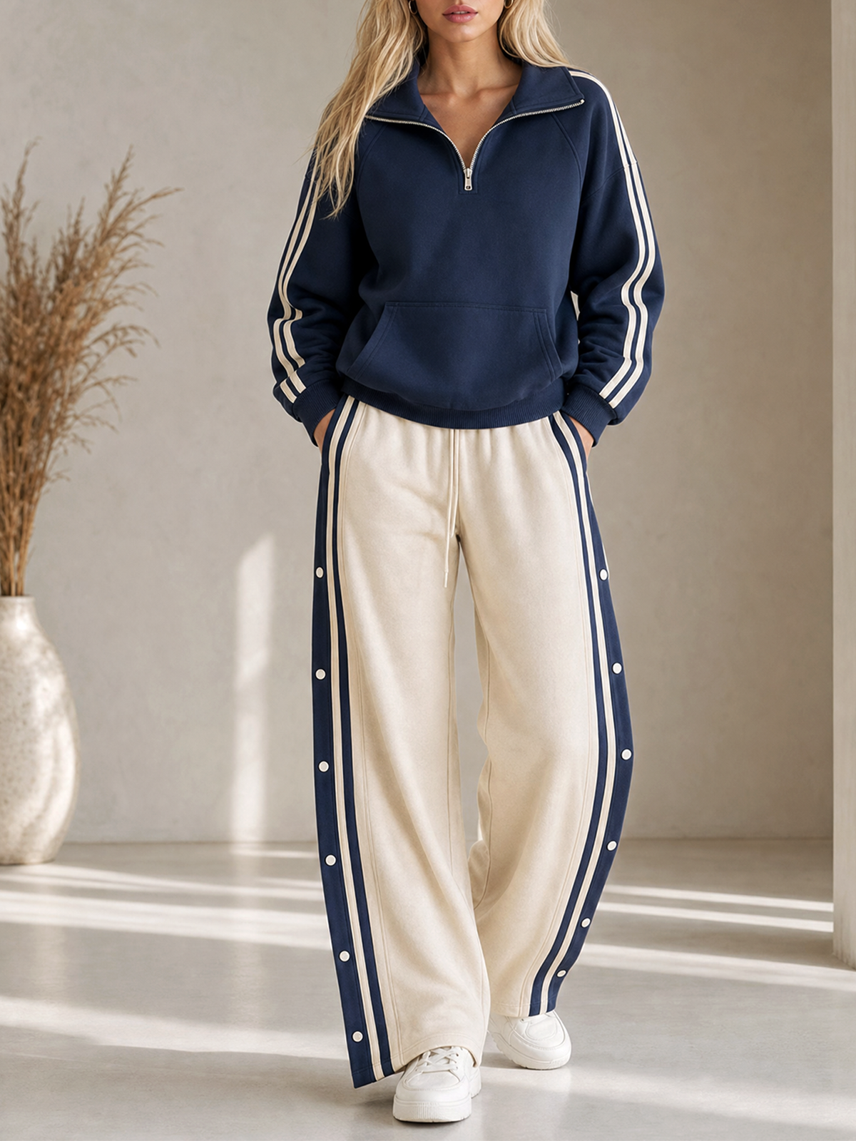 Navy Blue Lape Half Zip Kangaroo Pocket Sweatshirt Side-Stripe Snap Buttons Wide-leg Pants Set