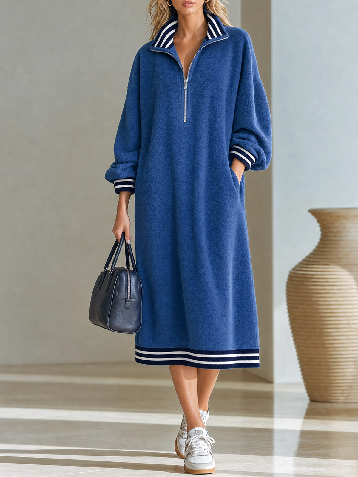 Royal Blue Stand Half Zip Contrast Striped Trim Fleece Midi Dress