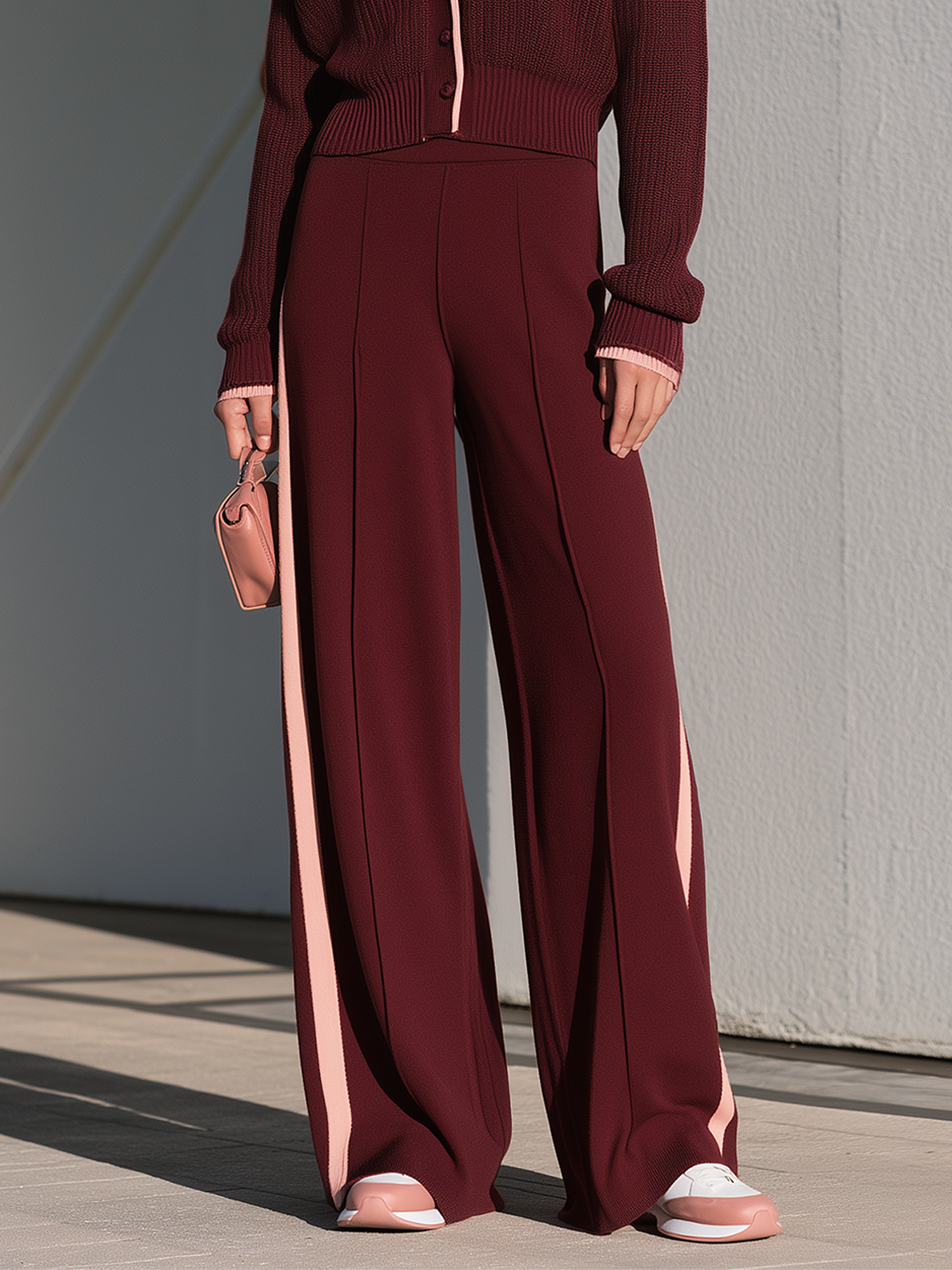 Stylish Burgundy Color-Block Wide-Leg Trousers
