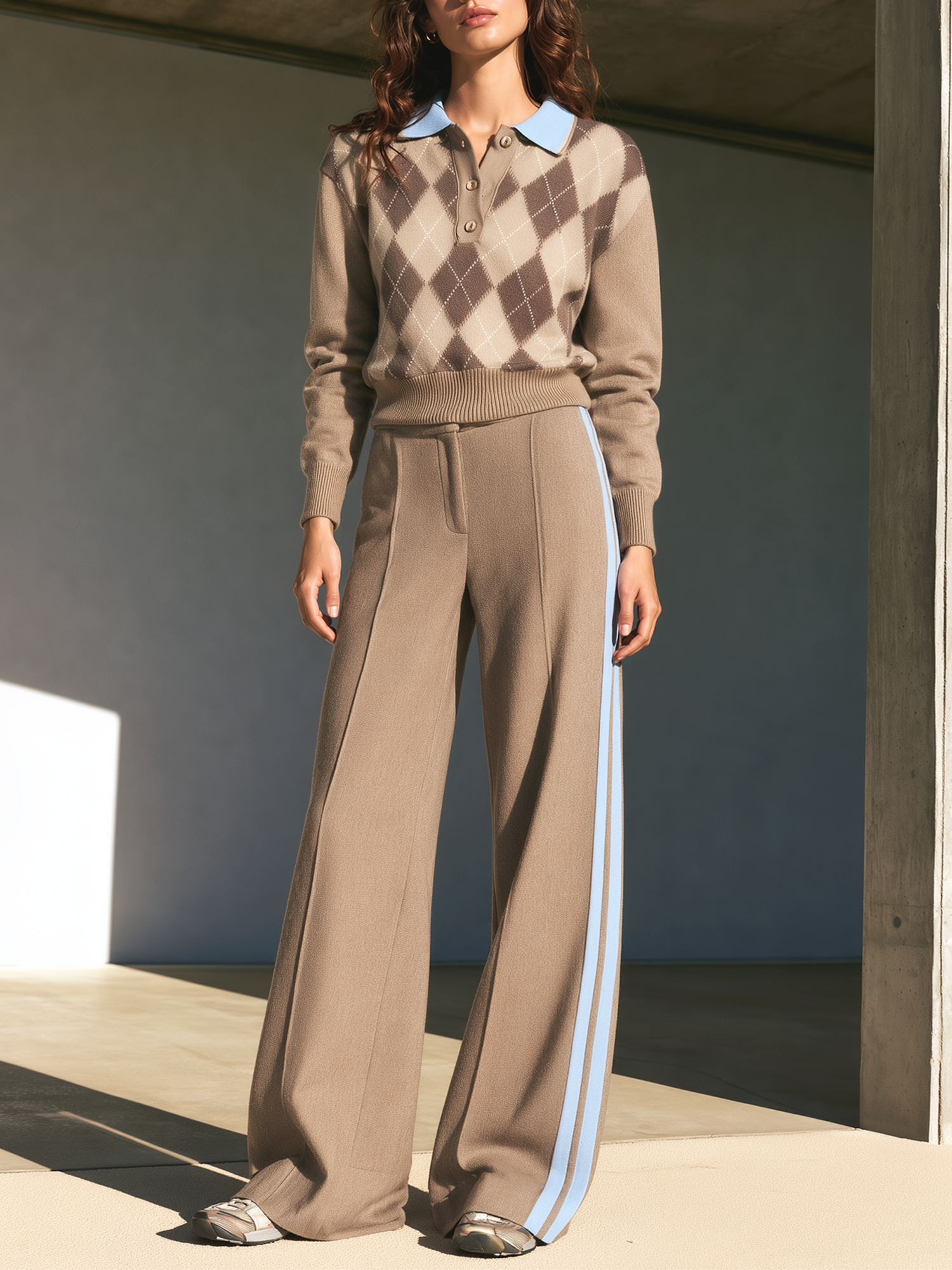 Khaki Color-block Diamond-patterned Polo-collar Knit Top And Side-striped Wide-leg Pants Set