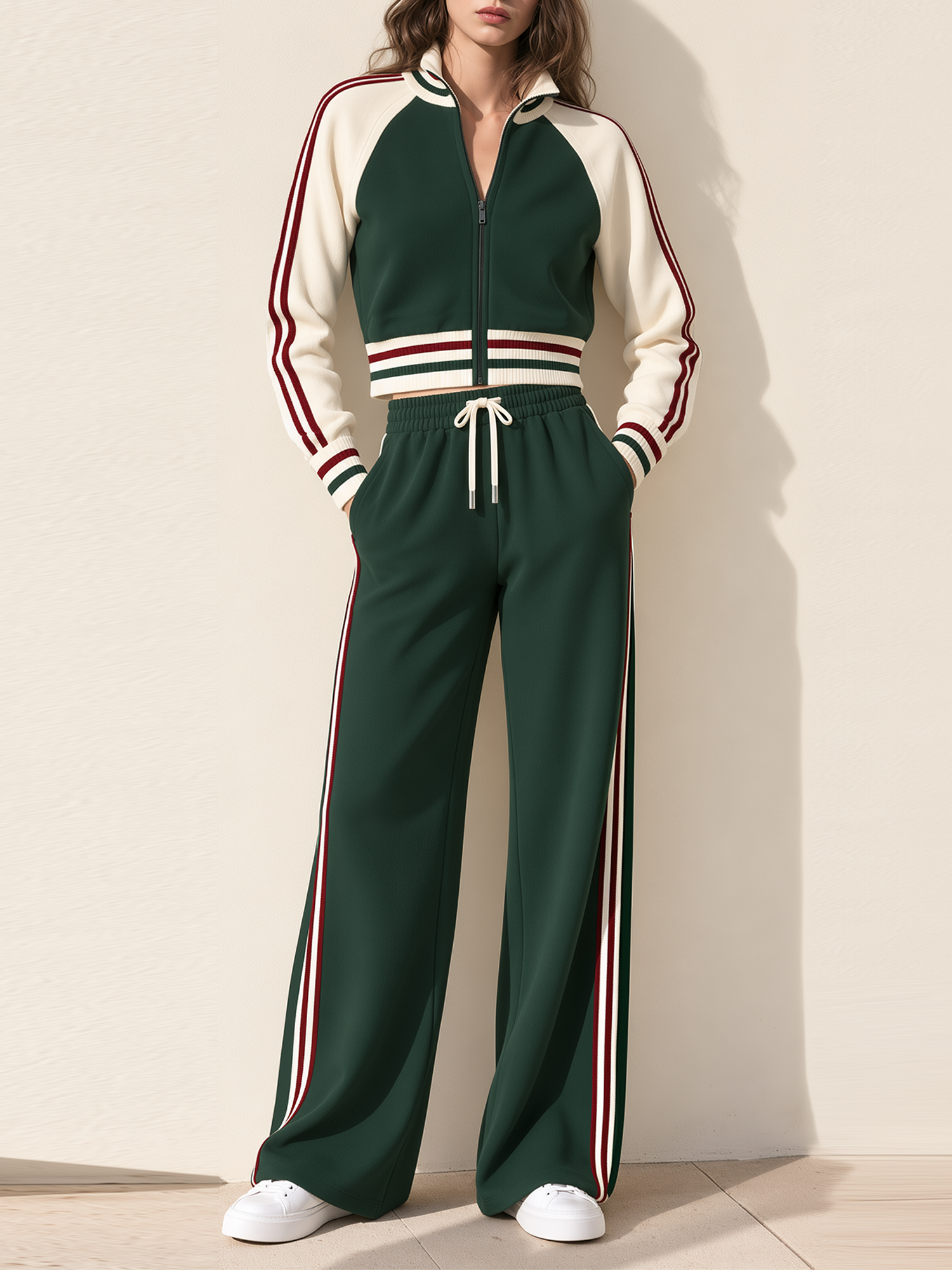 Dark Green Color-block Striped Zip-up Top And Wide-leg Pants Set