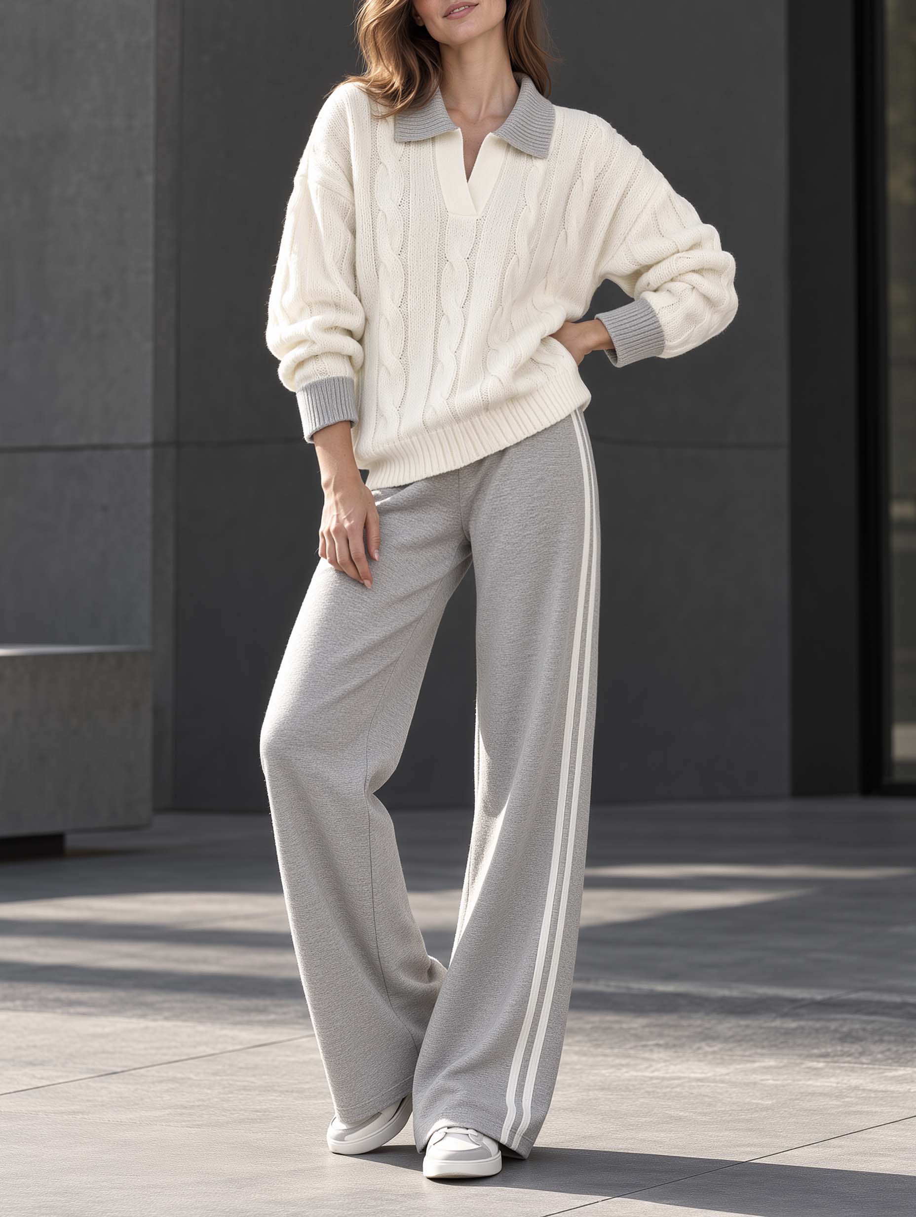 White And Gray Color-block Long-sleeve Cable-knit Sweater And Gray Trousers Set
