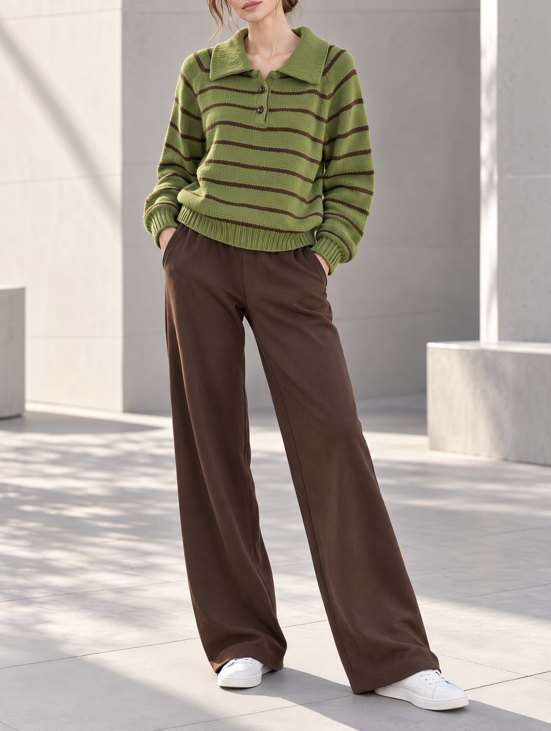 Green Color-block Striped Collared Long-sleeve Sweater And Brown Trousers Set