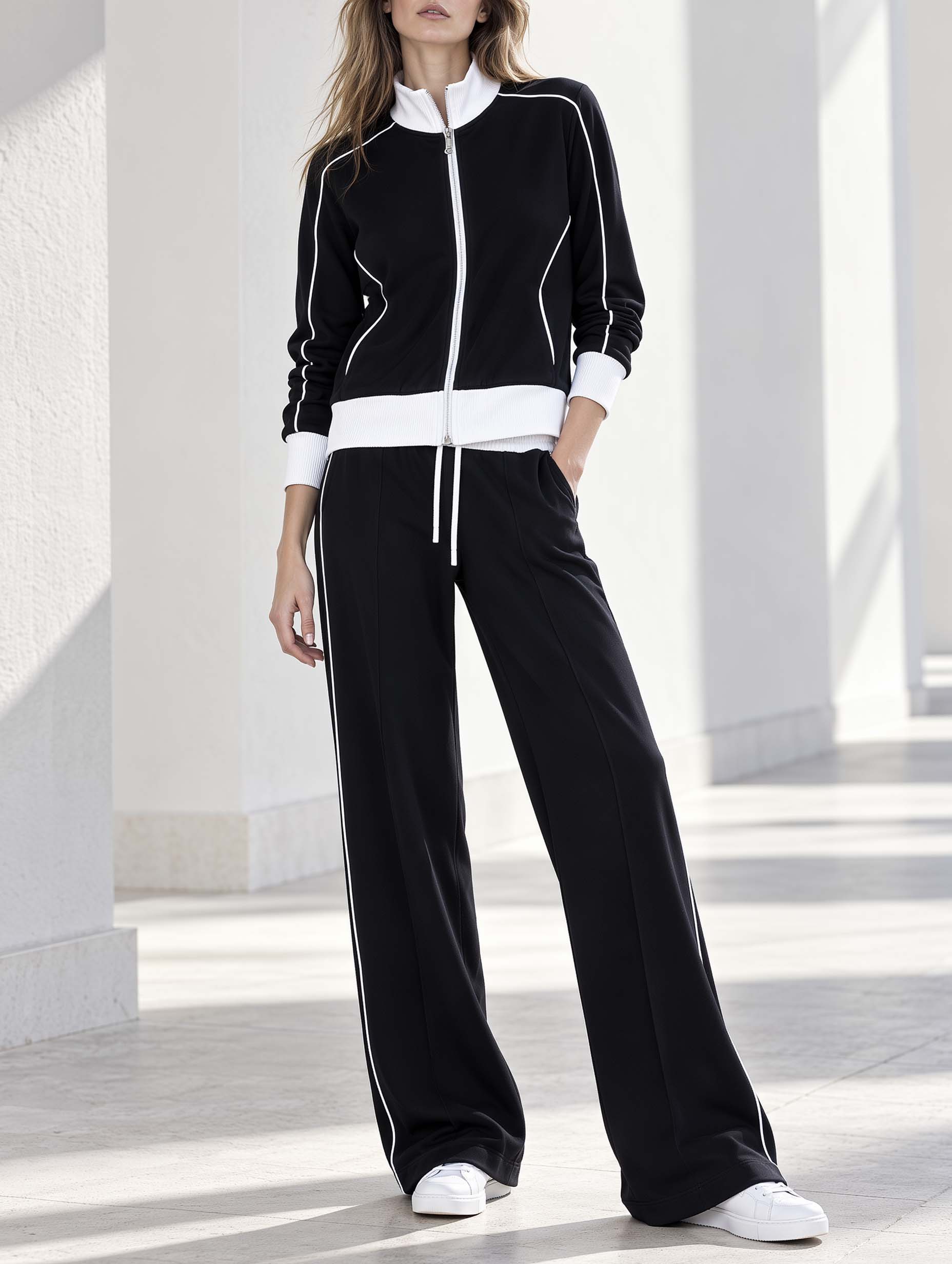 Stylish And Versatile Black-and-white Color-block Long-sleeve Jacket And Trousers Set