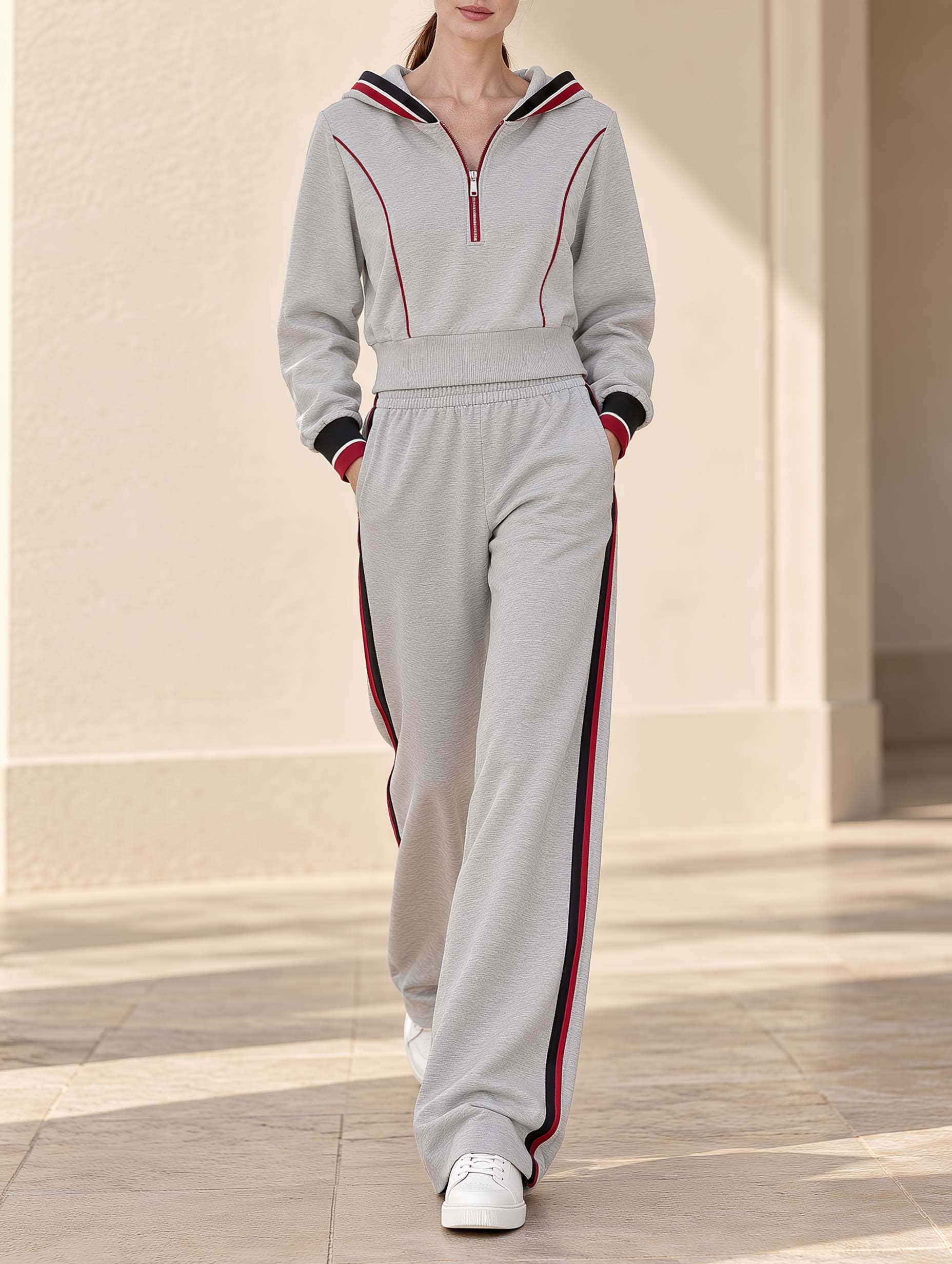 Stylish Grey Color-block Long-sleeve Hooded Sweatshirt And Pants Set