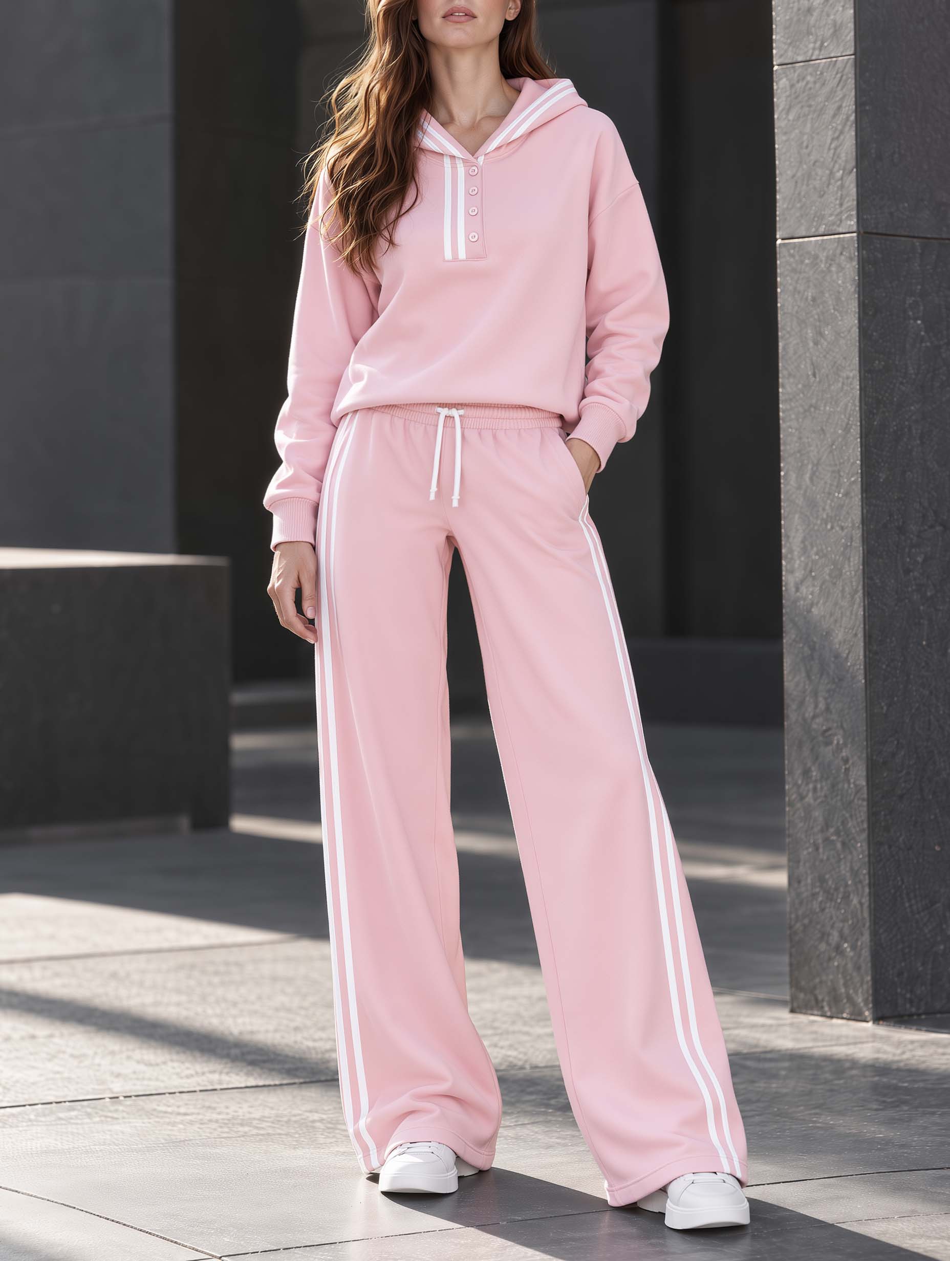 Pink Stylish And Minimalist Striped Long-sleeve Hooded Top And Pants Set