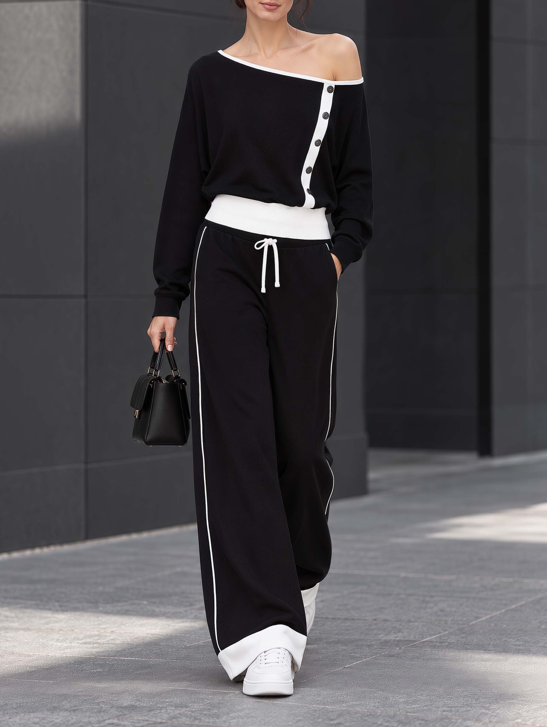 Stylish Black-and-white Colorblock Long-sleeve Off-shoulder Top And Trousers Set With Decorative Buckles
