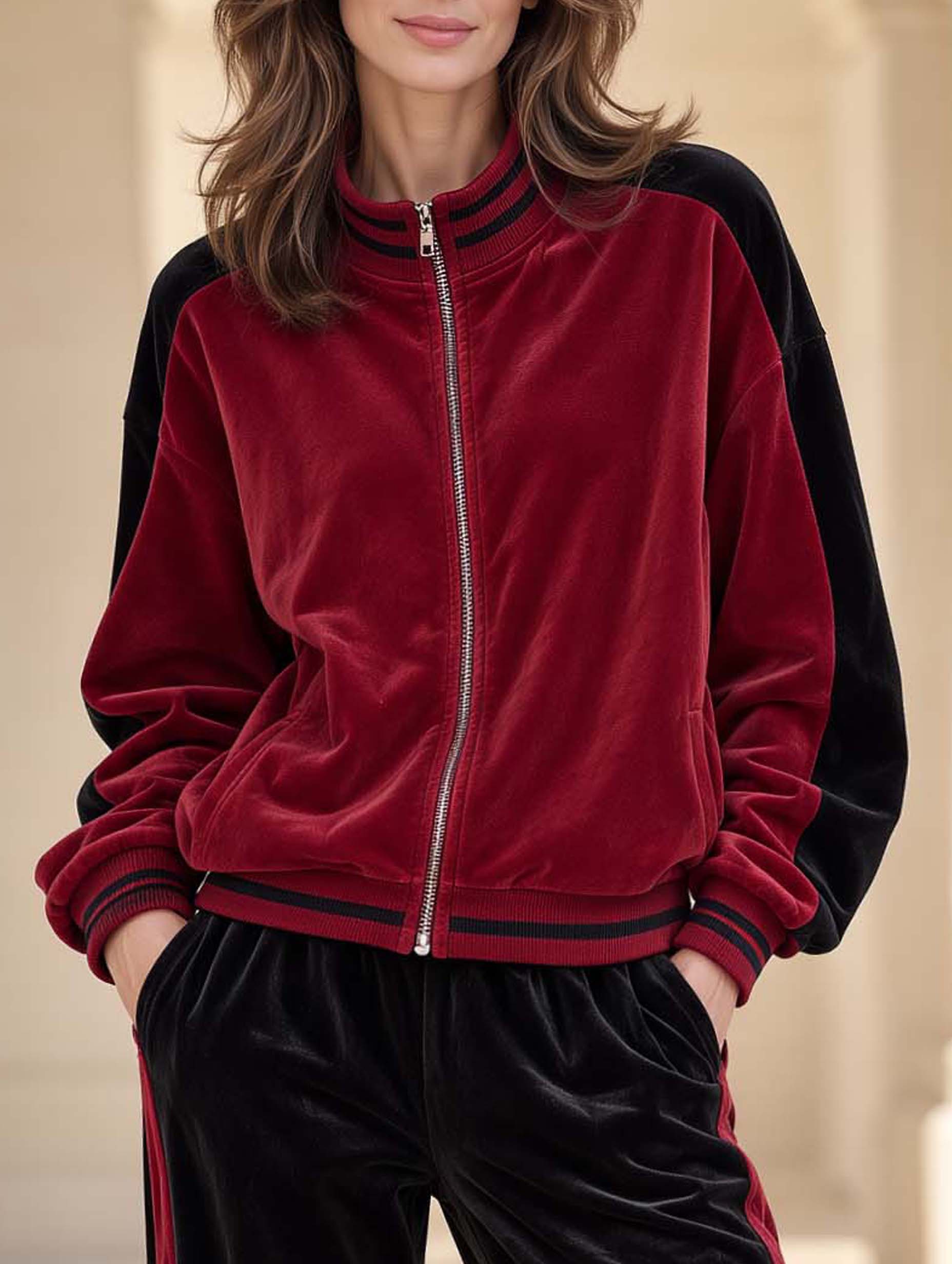 Stylish Red And Black Color-block Long-sleeve Casual Jacket