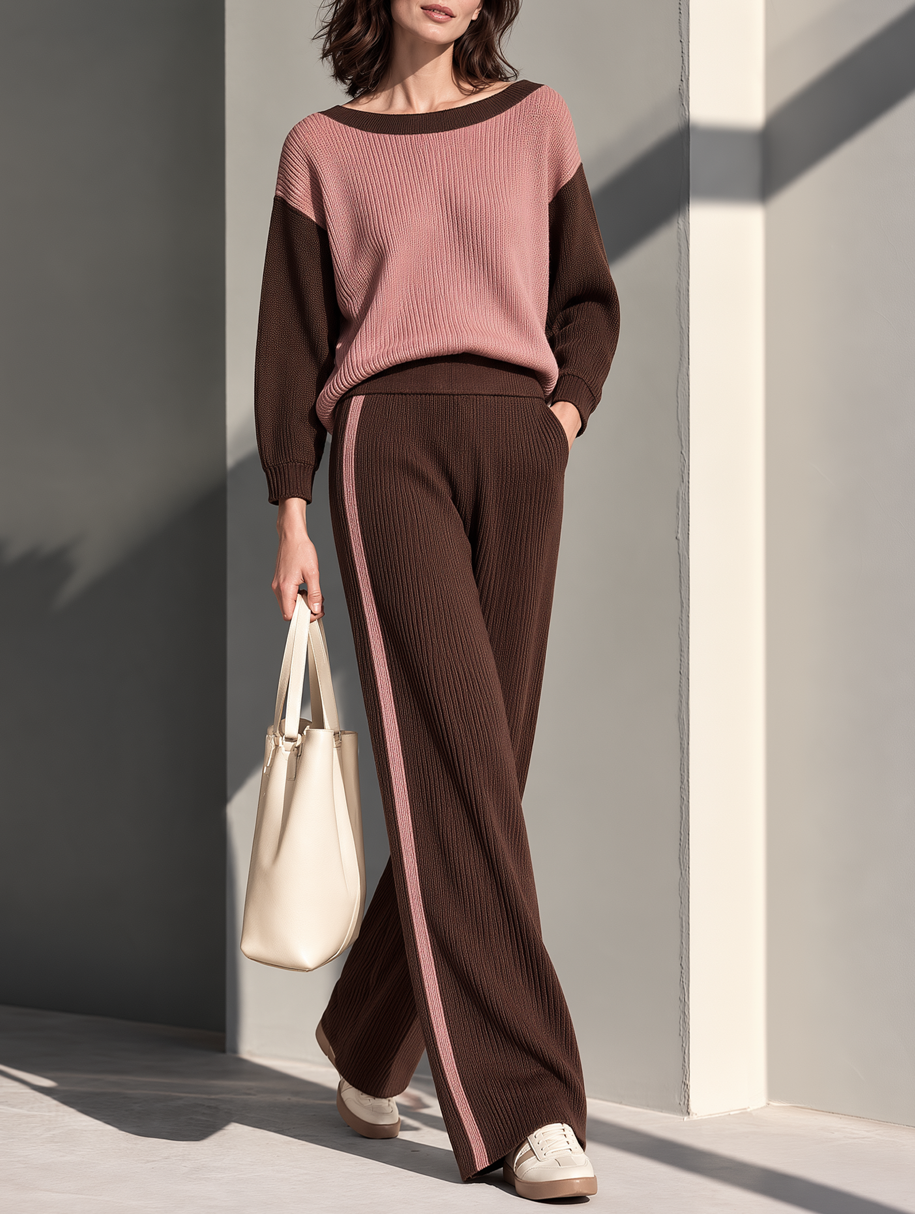 Color-block Loose-fit Knit Top And Wide-leg Knit Trousers Set